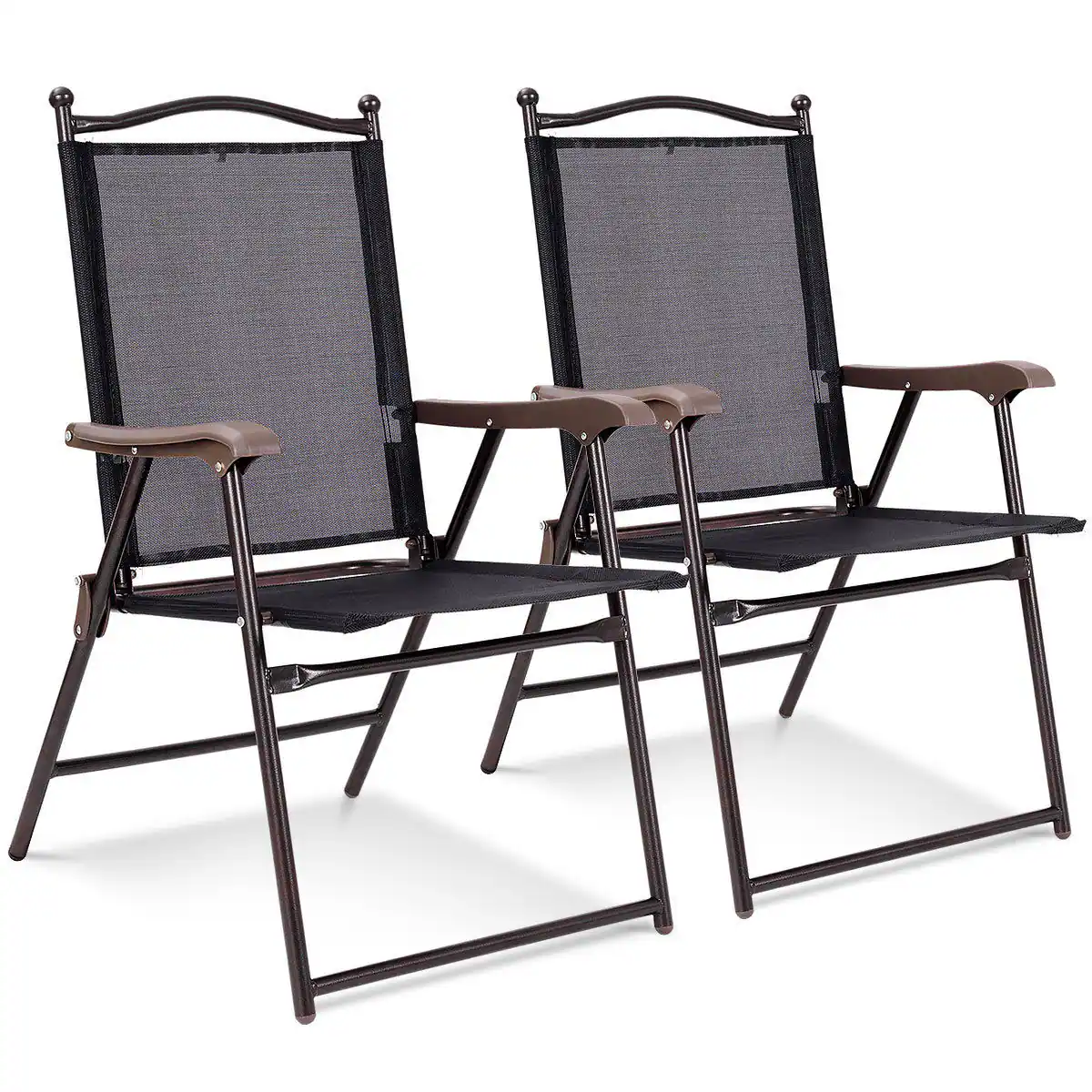 Costway - Set of 2 Patio Folding Sling Back Chairs Camping Deck Garden Beach - Black