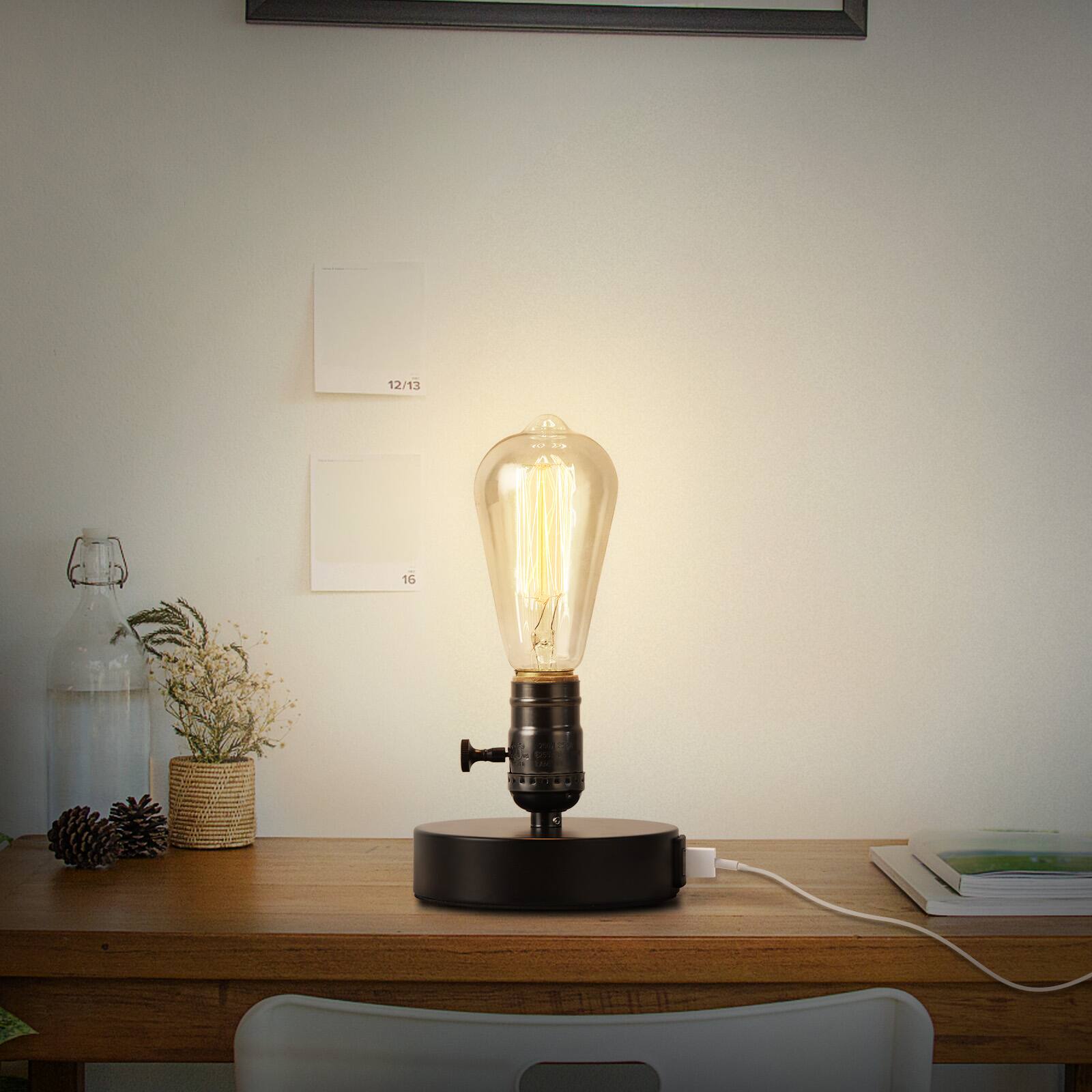 Alt View 1. Oumilen - Set of 2 Vintage Edison Table Lamps with USB – Industrial Black Metal Desk Lamps for Bedroom.