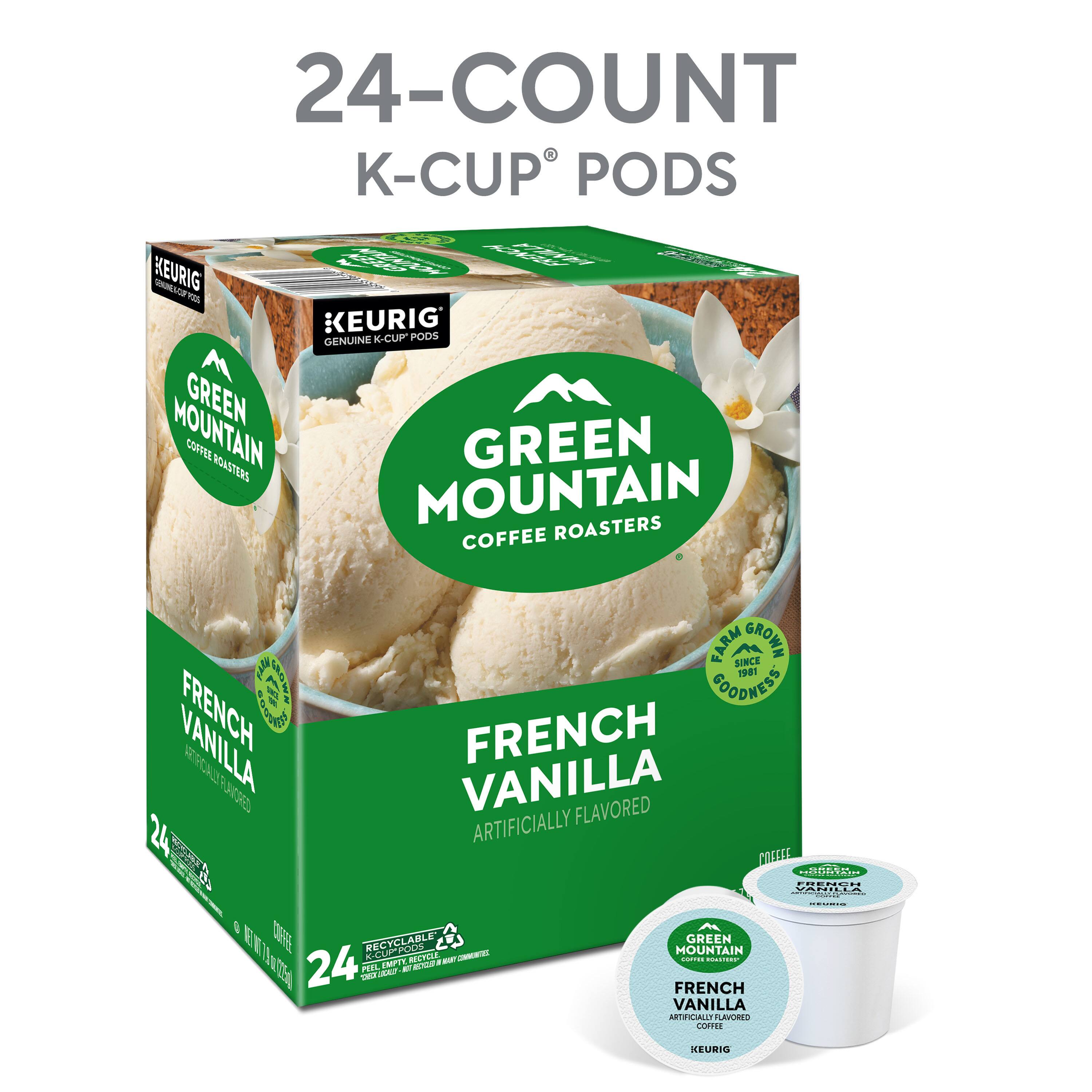 24-COUNT K-CUP PODS  
KEURIG  
GENUINE K-CUP PODS  
GREEN MOUNTAIN COFFEE ROASTERS  
FARM SINCE 1981  
FRENCH VANILLA  
ARTIFICIALLY FLAVORED  
24 PODS  
RECYCLABLE  
KEURIG