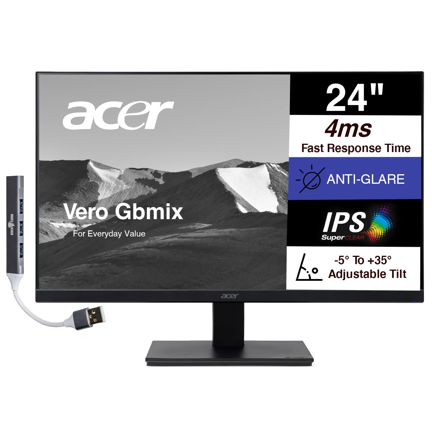 acer 24" 4ms Fast Response Time ANTI-GLARE IPS SuperCLEAR -5° To +35° Adjustable Tilt Vero Gbmix For Everyday Value
