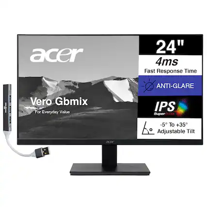 acer 24" 4ms Fast Response Time ANTI-GLARE IPS SuperCLEAR -5° To +35° Adjustable Tilt Vero Gbmix For Everyday Value