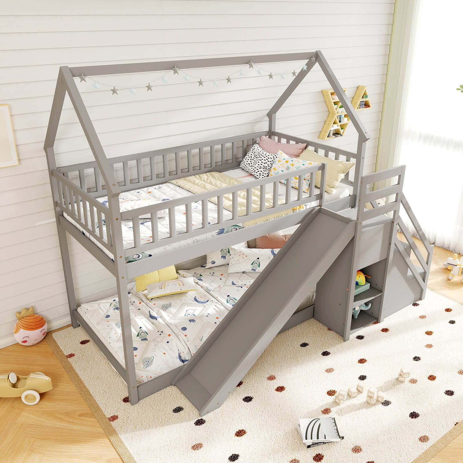 Back. Costway - Costway Twin Over Twin Bunk Bed with Slide & Staircase with Storage Compartments Gray - Grey.