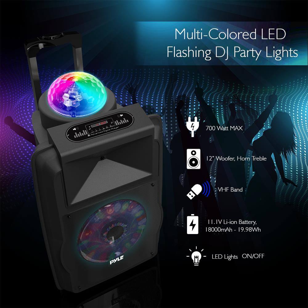 Multi-Colored LED Flashing DJ Party Lights

- 700 Watt MAX
- 12" Woofer, Horn Treble
- VHF Band
- 11.1V Li-ion Battery, 18000mAh - 19.98Wh
- LED Lights ON/OFF