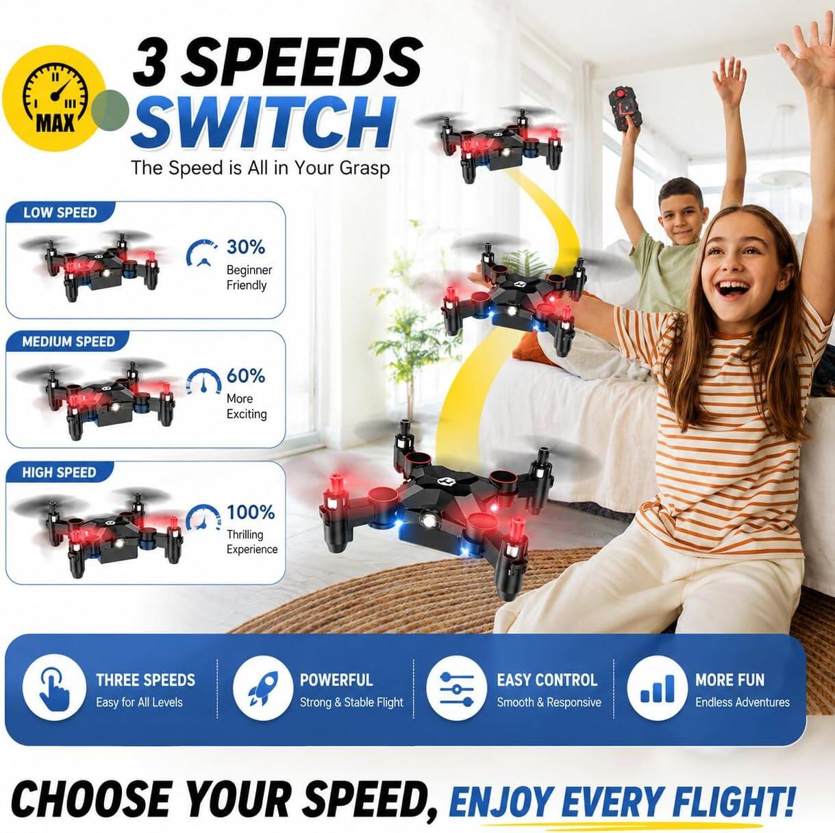 3 SPEEDS MAX SWITCH  
The Speed is All in Your Grasp

LOW SPEED  
30% Beginner Friendly

MEDIUM SPEED  
60% More Exciting

HIGH SPEED  
100% Thrilling Experience

THREE SPEEDS  
Easy for All Levels

POWERFUL  
Strong & Stable Flight

EASY CONTROL  
Smooth & Responsive

MORE FUN  
Endless Adventures

CHOOSE YOUR SPEED, ENJOY EVERY FLIGHT!