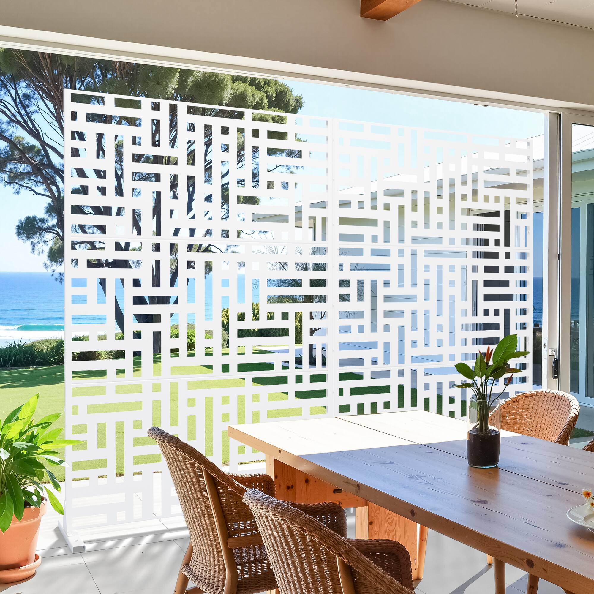 Alt View 1. PexFix - 72 in. x 47 in. Helen Pattern Metal Outdoor Privacy Screen & Panels, Freestanding Garden Divider Fence - White.