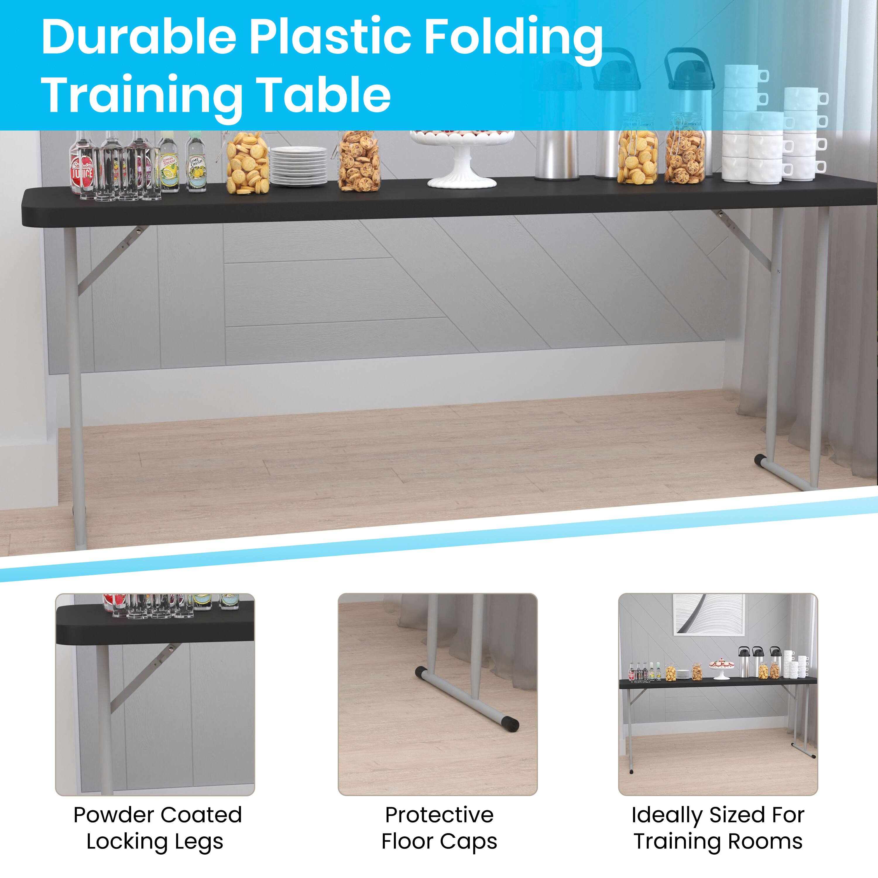 Durable Plastic Folding Training Table

- Powder Coated Locking Legs
- Protective Floor Caps
- Ideally Sized For Training Rooms