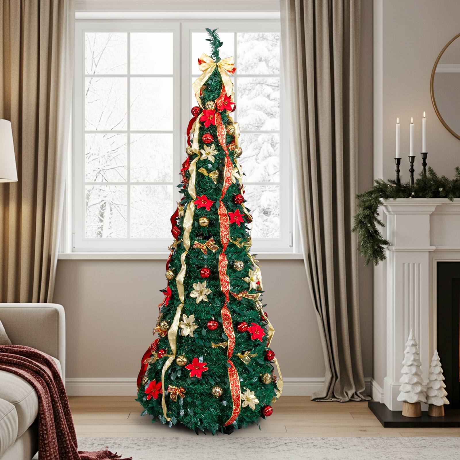 Alt View 8. VAVSEA - 7 ft Fully Decorated Pre-Lit Pop Up Christmas Tree with 200 Warm Lights, Remote & Red Gold Ornaments for Holidays - Green.