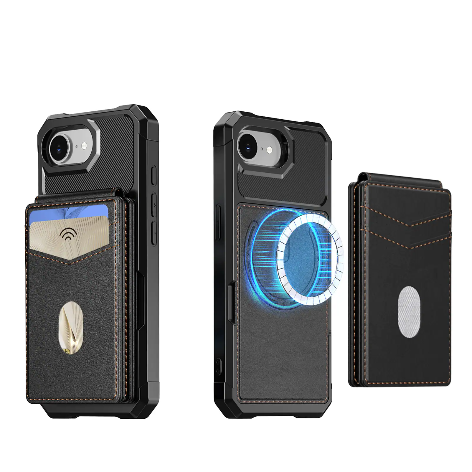 Angle. Dteck - For Apple iPhone 17e/16e 2-in-1 Magnetic Leather Flip Stand Wallet Case RFID Blocking Detachable Card Holder - Black.