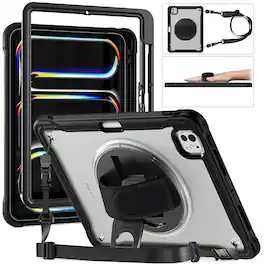 UUCOVER - Built-in Screen Protector Case for iPad Pro 13-inch M5/M4 (2025/2024),Shockproof TPU+PC Case Stand Cover+Shoulder Strap - Black/Clear
