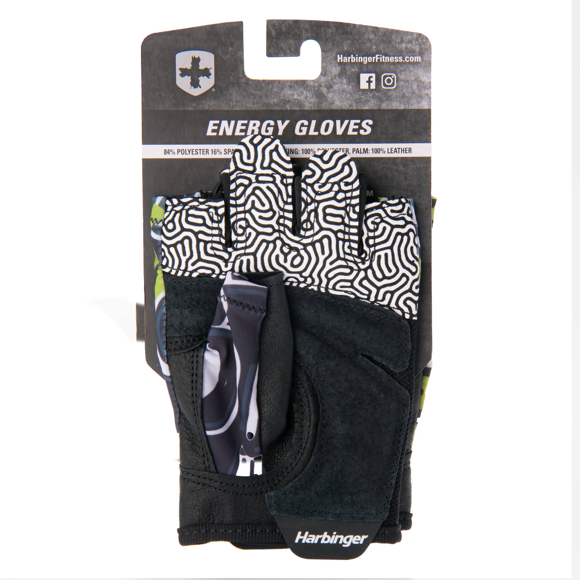 HarbingerFitness.com  
ENERGY GLOVES  
84% POLYESTER 16% SPANDEX  
PALM: 100% LEATHER  
UNG: 100% M  
Harbinger