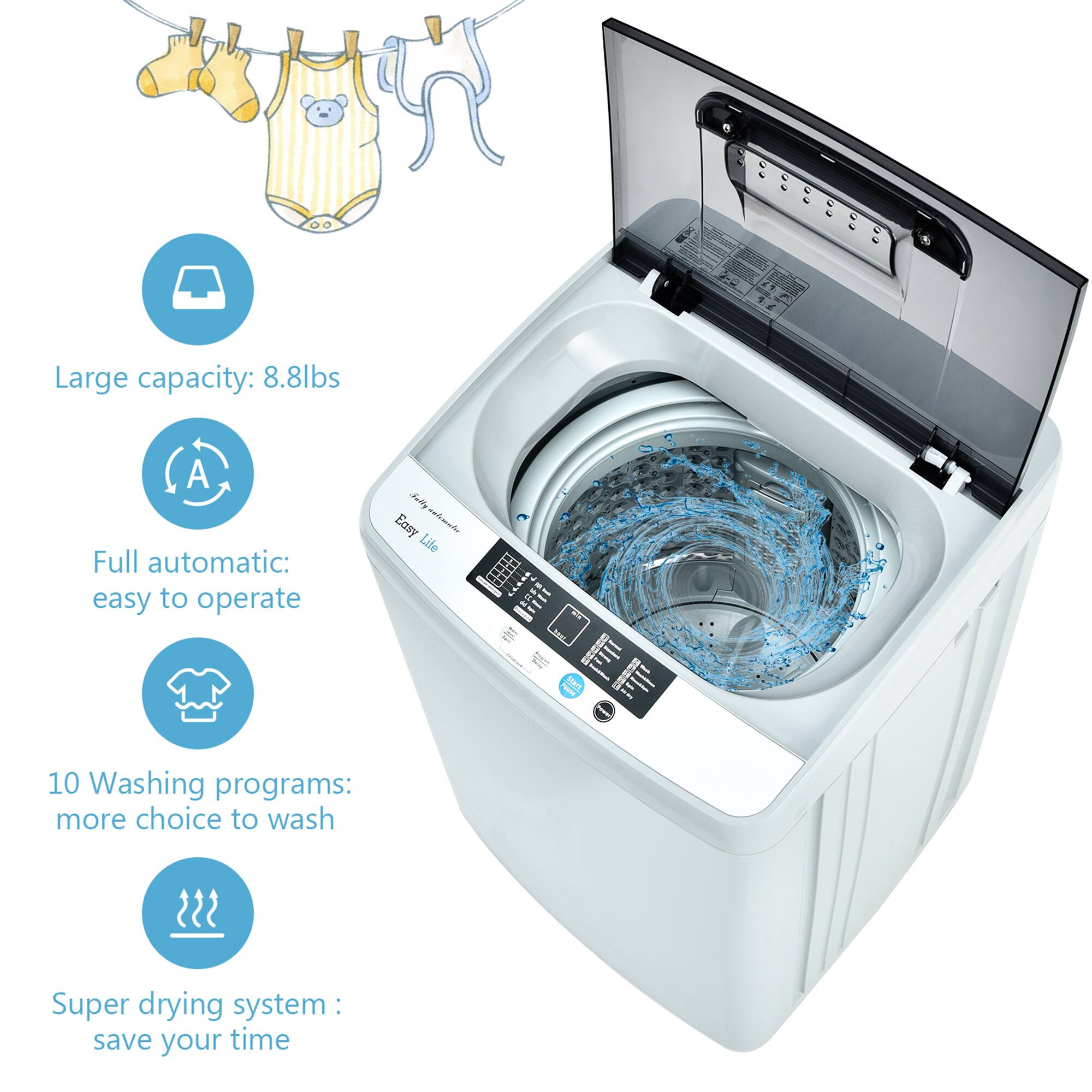 Large capacity: 8.8lbs  
Full automatic: easy to operate  
10 Washing programs: more choice to wash  
Super drying system: save your time