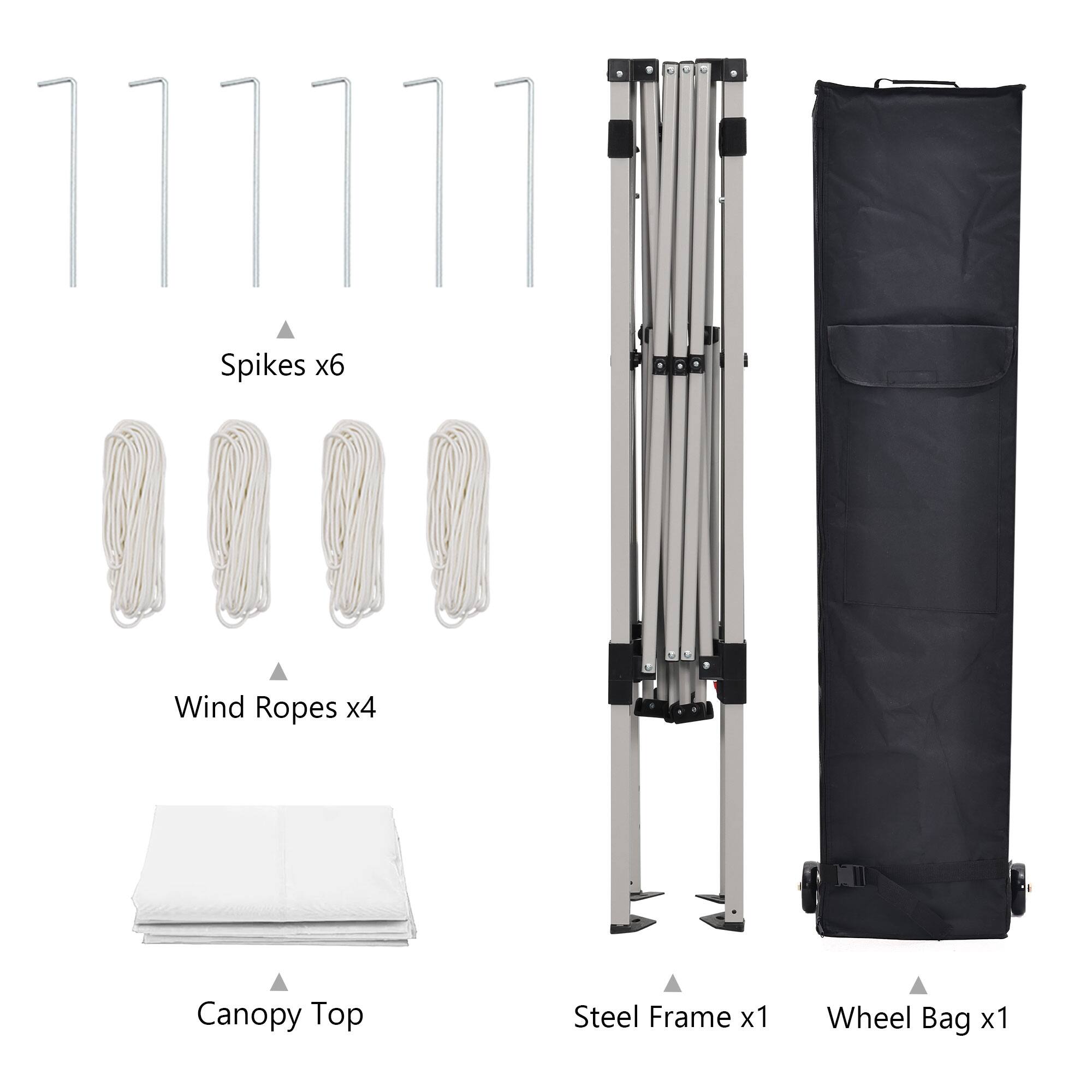 Spikes x6, Wind Ropes x4, Canopy Top, Steel Frame x1, Wheel Bag x1