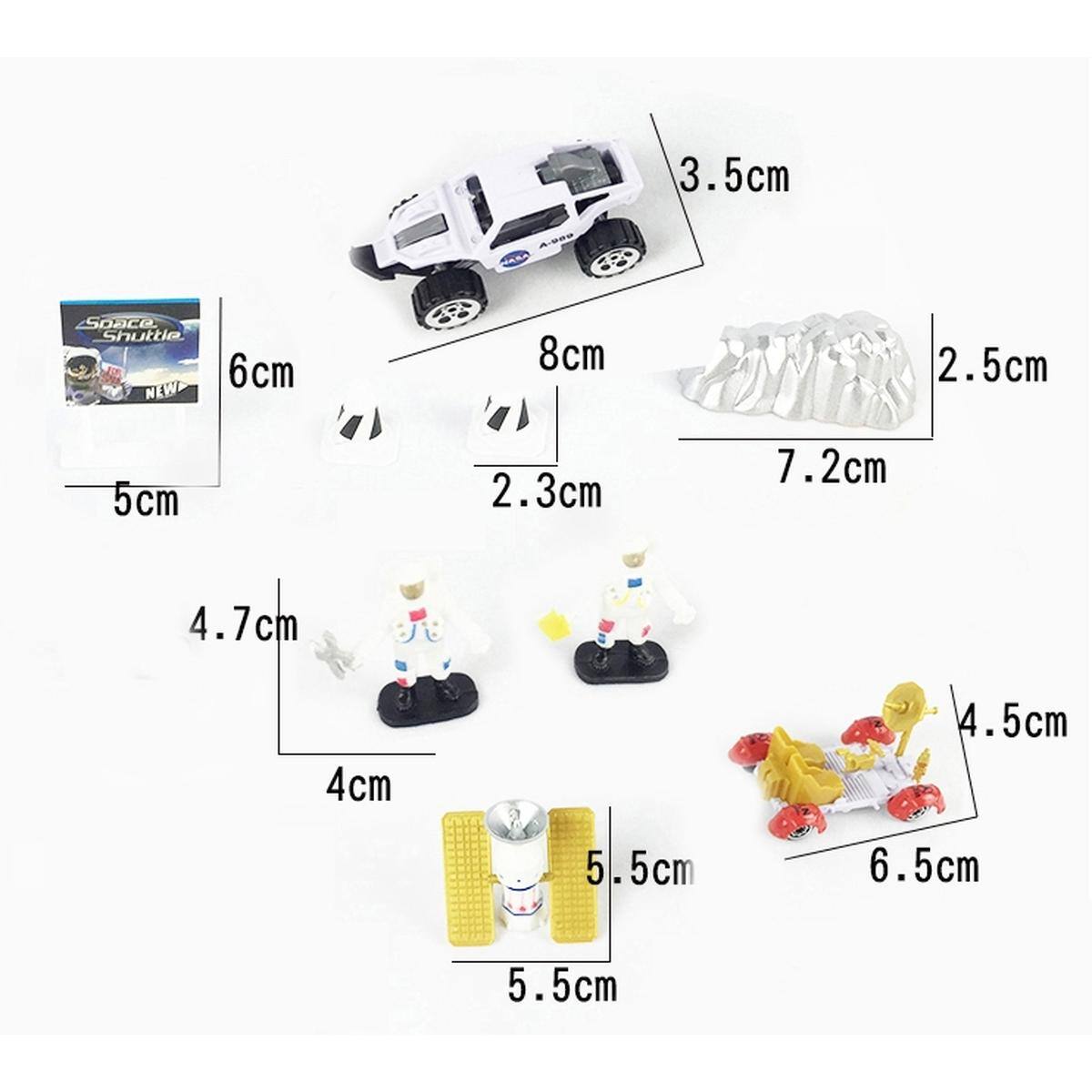 1. Space Shuttle NEW  
   - 6cm (width)  
   - 5cm (height)  

2. Space Shuttle  
   - 8cm (length)  
   - 3.5cm (height)  
   - 2.3cm (width)  

3. Space Shuttle  
   - 7.2cm (length)  
   - 2.5cm (height)  

4. Astronaut  
   - 4.7cm (height)  
   - 4cm (width)  

5. Astronaut  
   - 5.5cm (height)  
   - 5.5cm (width)  

6. Astronaut  
   - 6.5cm (length)  
   - 4.5cm (height)