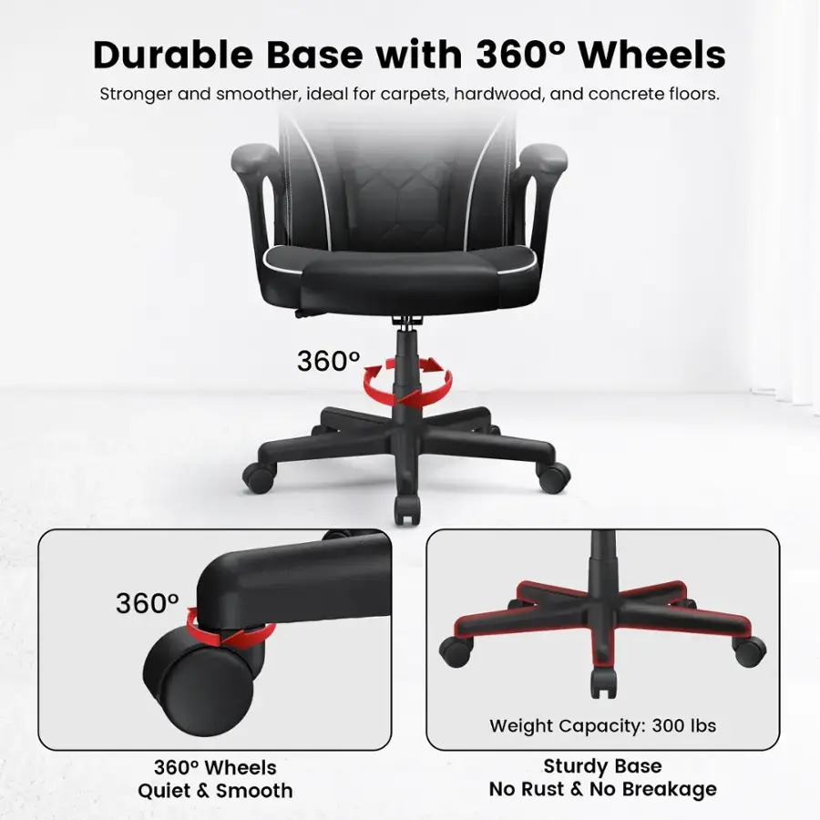 Durable Base with 360 Wheels: Stronger and smoother, ideal for carpets, hardwood, and concrete floors. Weight Capacity: 300 lbs. Quiet & Smooth Sturdy Base No Rust & No Breakage.