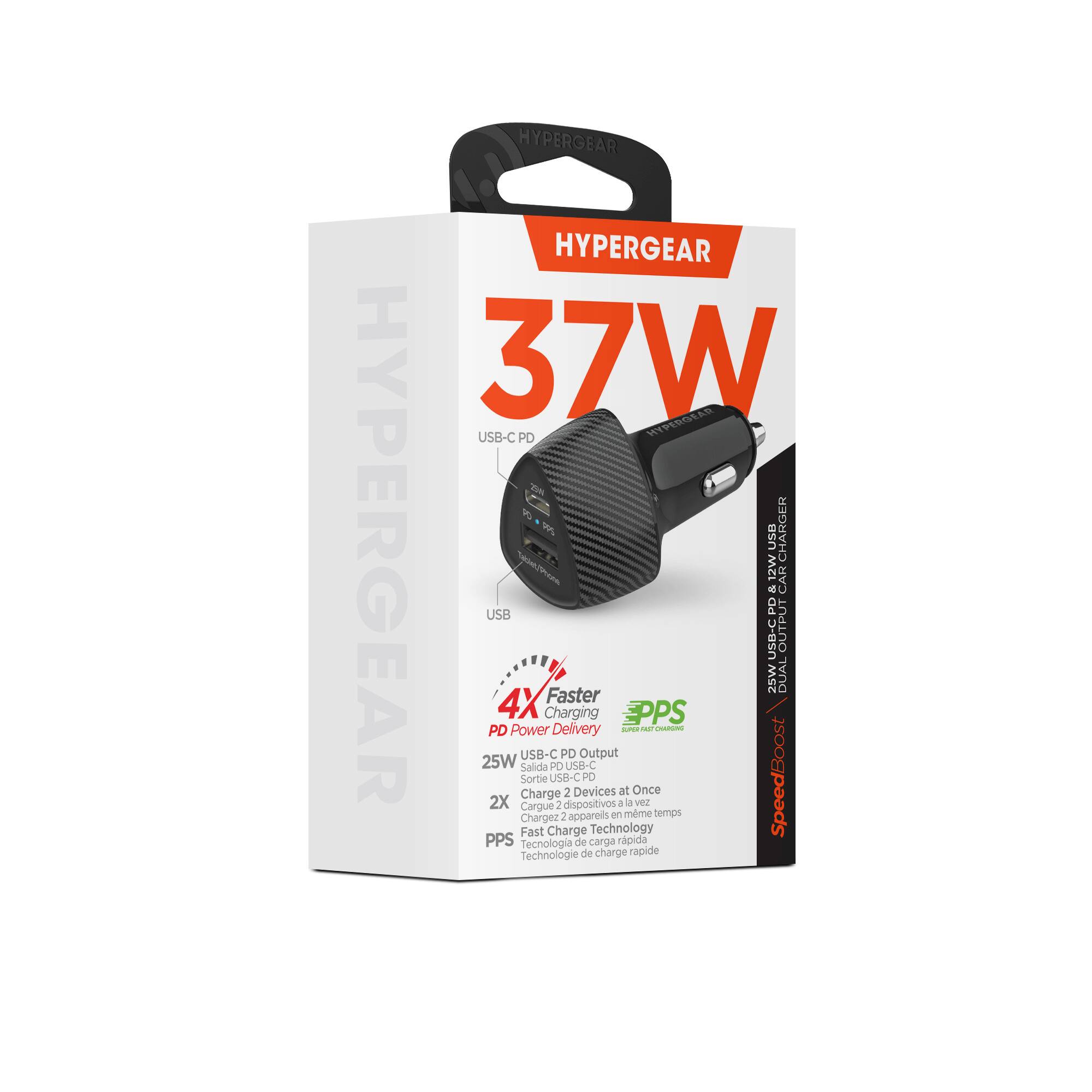 HYPERGEAR 37W HYPERGEAR 37W USB-C PD 2.5 HYPERGEAR 9 USB CHARGER 12W CAR a USB dd USB-C OUTPUT 25W DUAL 4X Faster Charging EPPS PD Power Delivery - Pel CPUN USB-C PD Output 25W Salida PO UsB-C 2X Charge Fast Cargue Sortie Chargez Charge USB-C 2 dispostivos 3 2 apparells Devices PO Technology ef a at mme la Once 9V aqmot SpeedBoost PPS Tecnologia de carga rpida Technologie de charge rapide