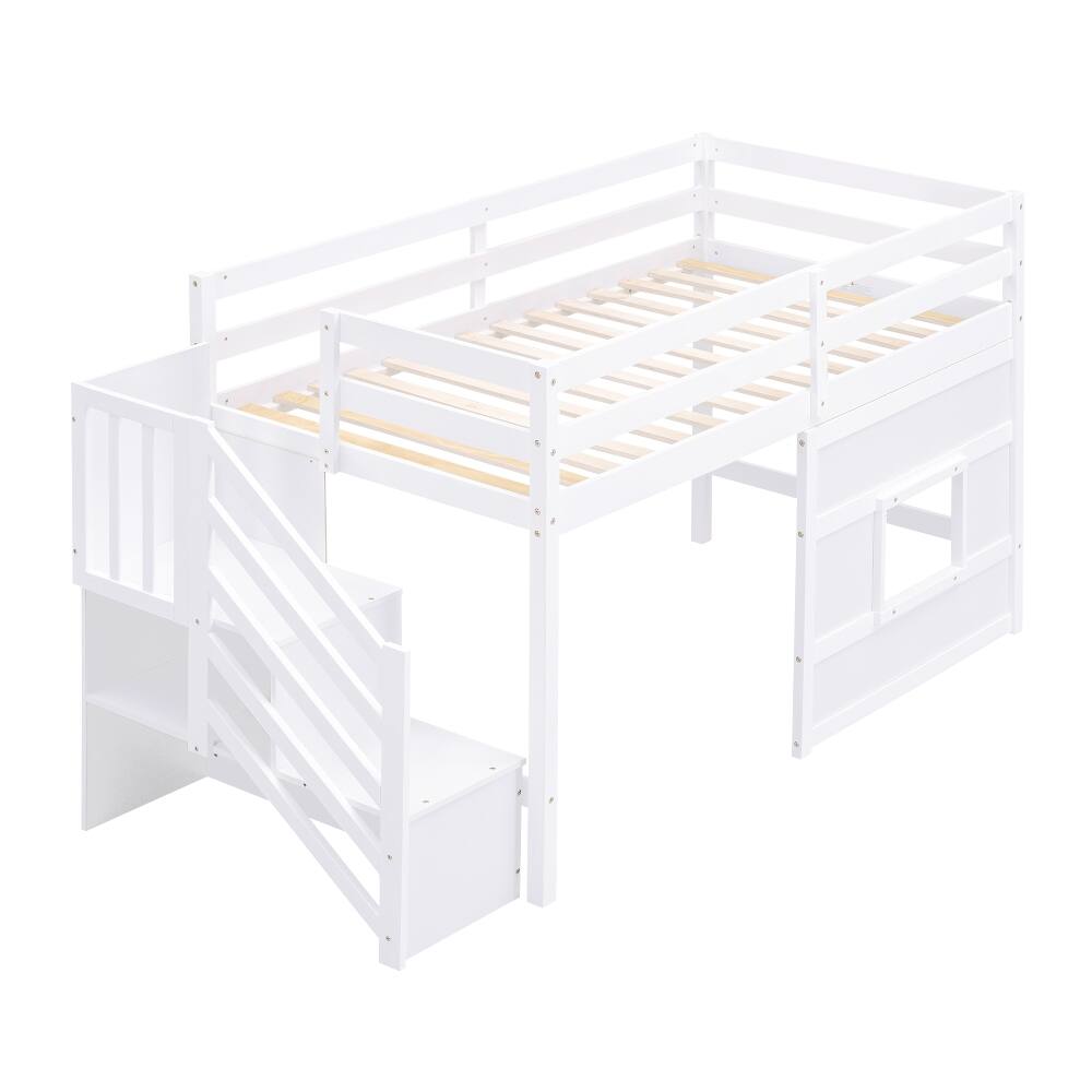 Alt View 10. Loheer - Loheer Twin Size Loft Bed with Storage Staircase LED Light White - White.