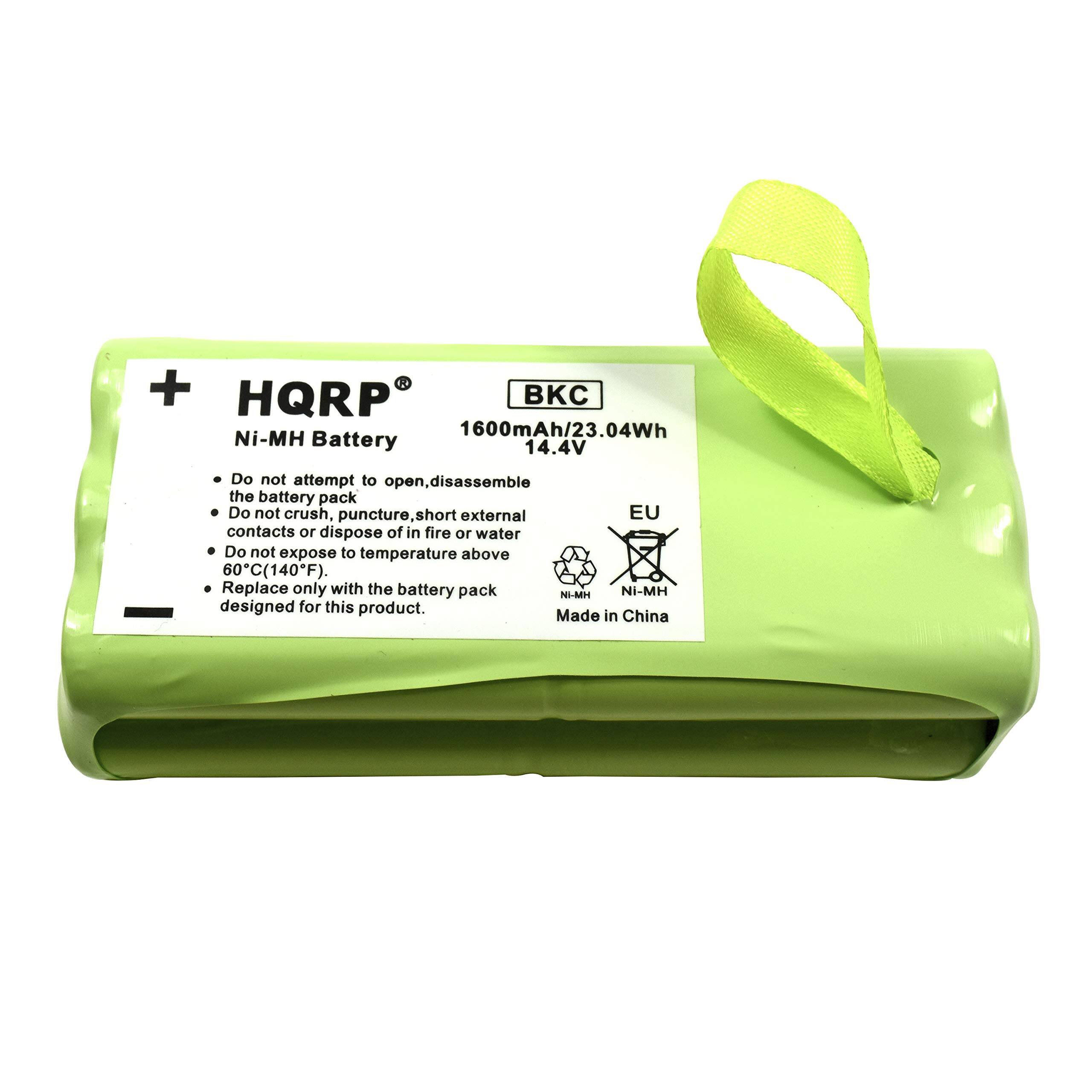 HQRP Ni-MH Battery  
1600mAh/23.04Wh  
14.4V  

Do not attempt to open, disassemble the battery pack.  
Do not crush, puncture, short external contacts or dispose of in fire or water.  
Do not expose to temperature above 60°C (140°F).  
Replace only with the battery pack designed for this product.  

Made in China  

KC  
h/23.04Wh  
6.4V  

EU  

Ni-MH  
Ni-MH  
Ni-MH