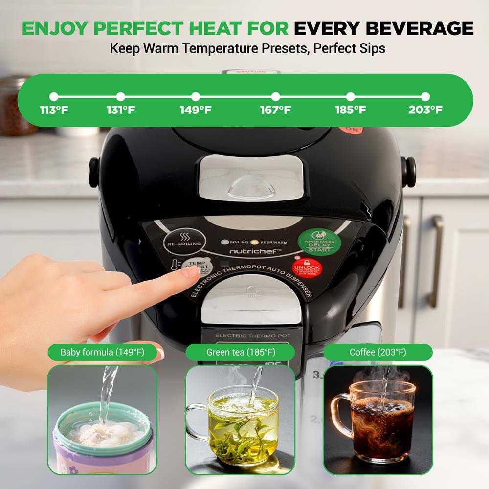 ENJOY PERFECT HEAT FOR EVERY BEVERAGE  
Keep Warm Temperature Presets, Perfect Sips

113°F 131°F 149°F 167°F 185°F 203°F

- Baby formula (149°F)
- Green tea (185°F)
- Coffee (203°F)

SSS RE-BOILING DELAY  
nutrichef  
START  
TEMP  
ELECTRONIC DISPENSER  
ELECTRIC THERMO POT