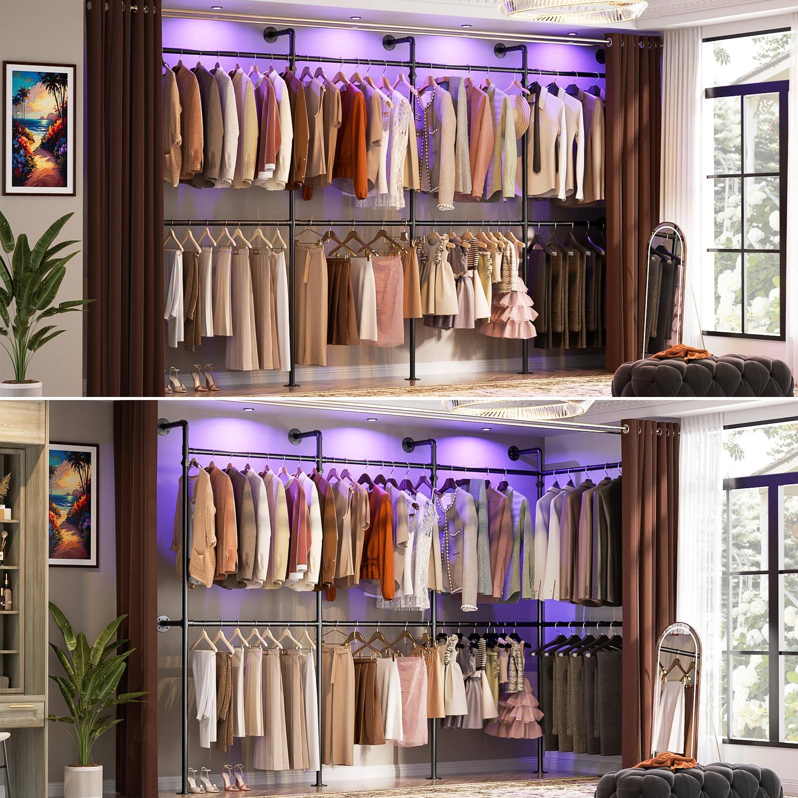 Left. Aheaplus - Wall-Mounted Industrial Pipe Clothing Rack, Heavy Duty & Reversible - Black.