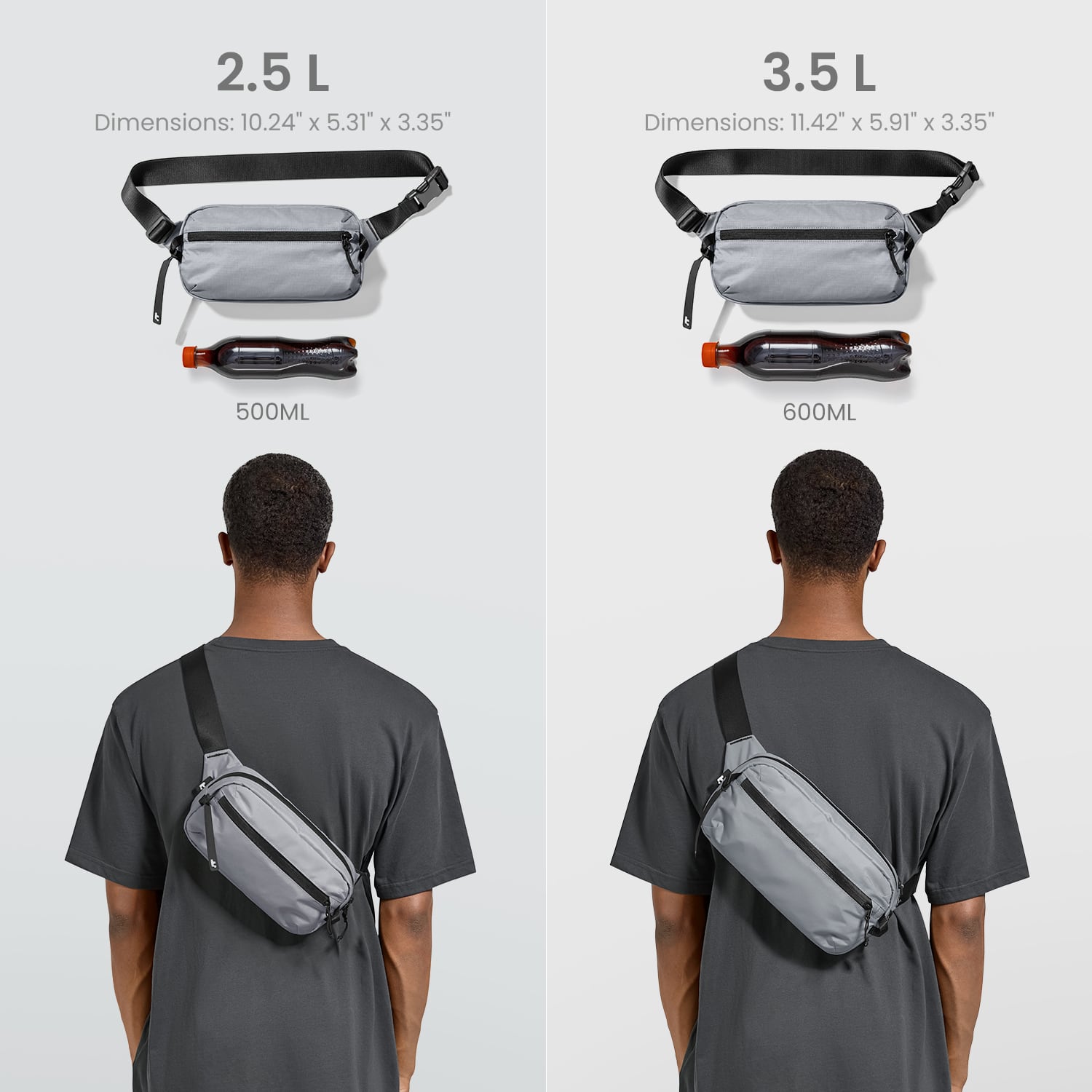 The text on the image states:
2.5 L Dimensions: 10.24" x 5.31" x 3.35"
3.5 L Dimensions: 11.42" x 5.91" x 5.91"
The correct text should be:
2.5 L Dimensions: 10.24" x 5.31" x 3.35"
3.5 L Dimensions: 11.42" x 5.91" x 5.91"
The text is grouped as follows:
* 2.5 L: 10.24" x 5.31" x 3.35"
* 3.5 L: 11.42" x 5.91" x 5.91"