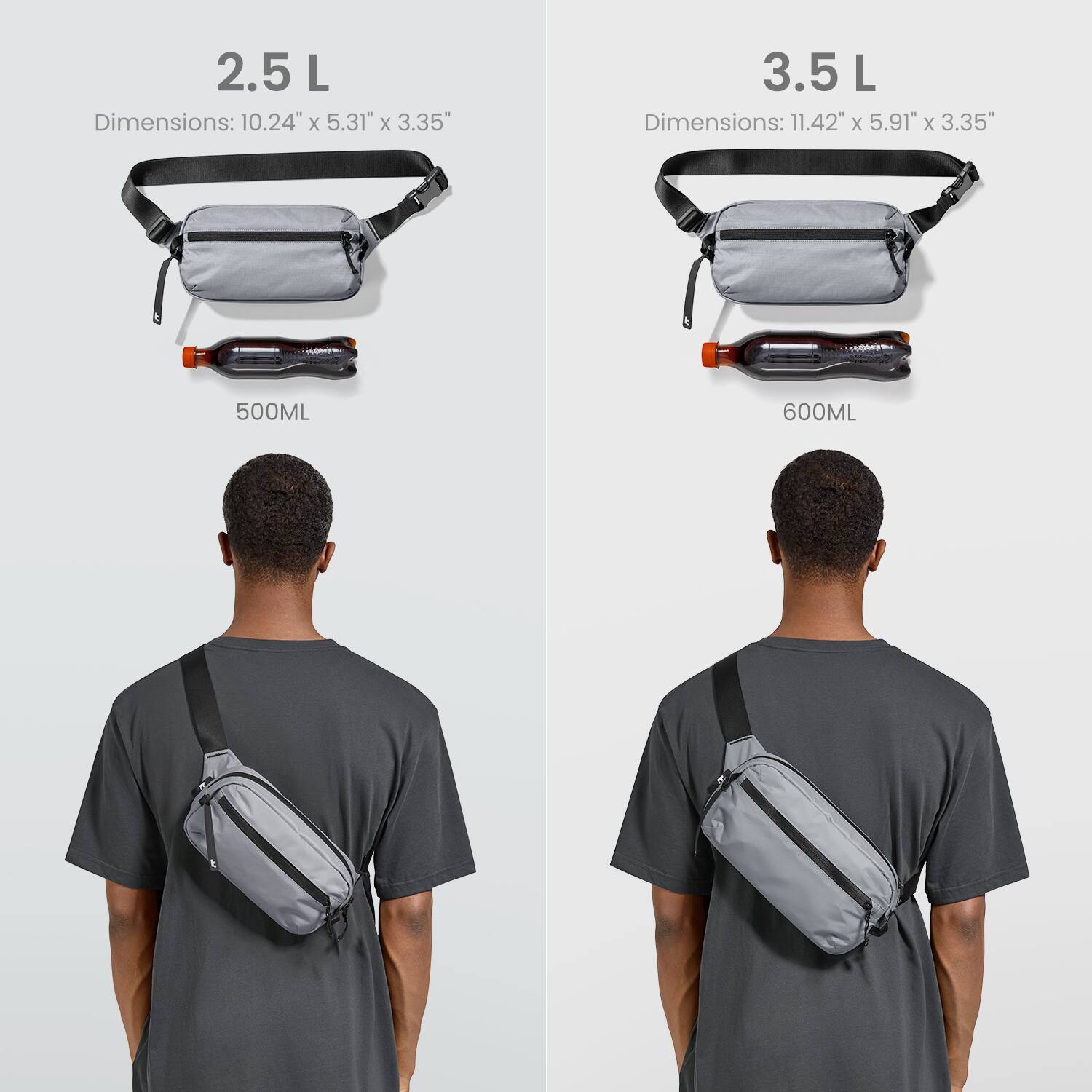 The text on the image states:

2.5 L Dimensions: 10.24" x 5.31" x 3.35"
3.5 L Dimensions: 11.42" x 5.91" x 5.91"

The correct text should be:

2.5 L Dimensions: 10.24" x 5.31" x 3.35"
3.5 L Dimensions: 11.42" x 5.91" x 5.91"

The text is grouped as follows:

* 2.5 L: 10.24" x 5.31" x 3.35"
* 3.5 L: 11.42" x 5.91" x 5.91"