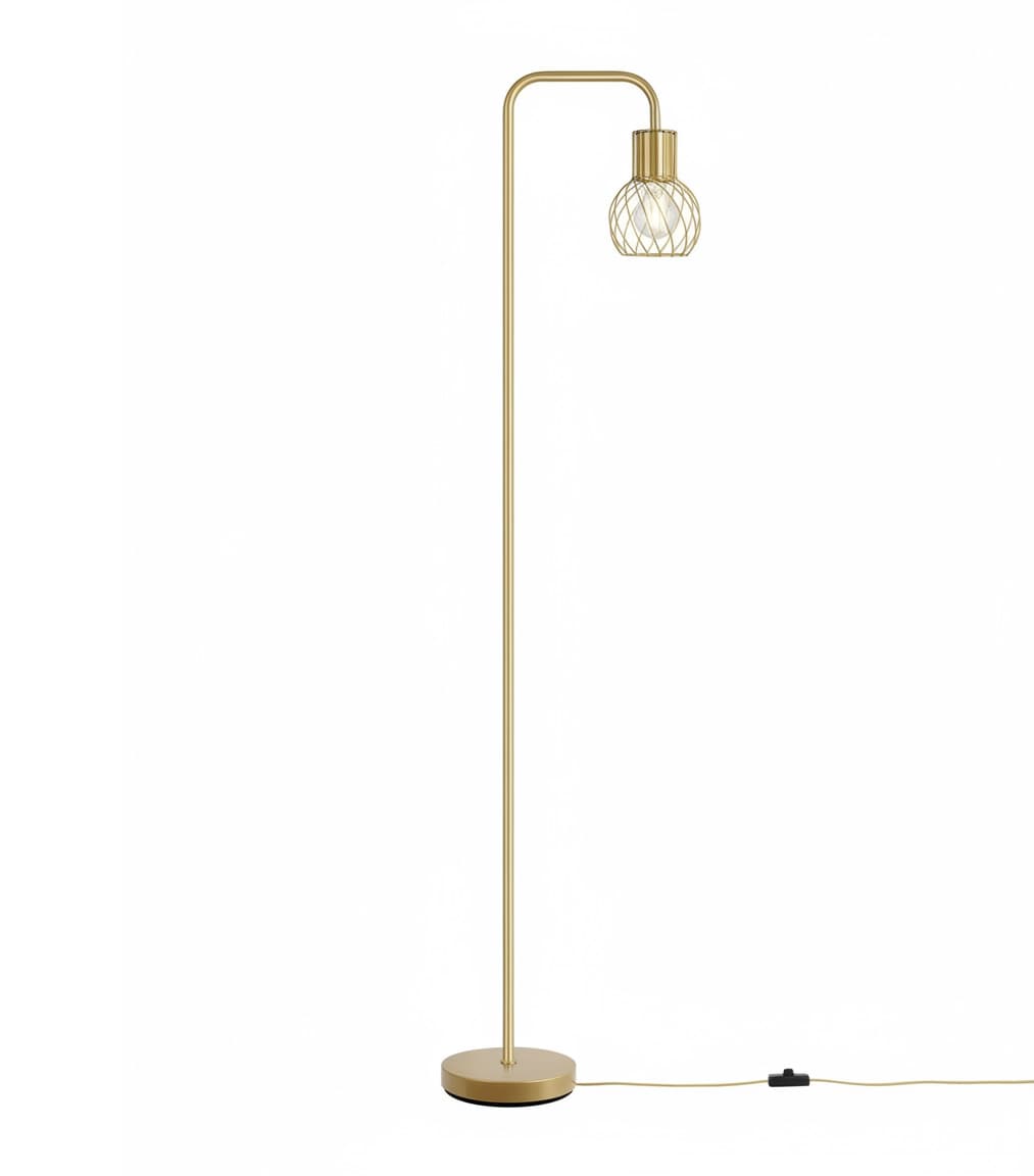 Front. FINEAK - Modern Industrial Brass Gold Floor Lamp, Tall Metal Standing Lamp with 6W LED Bulb - Gold.