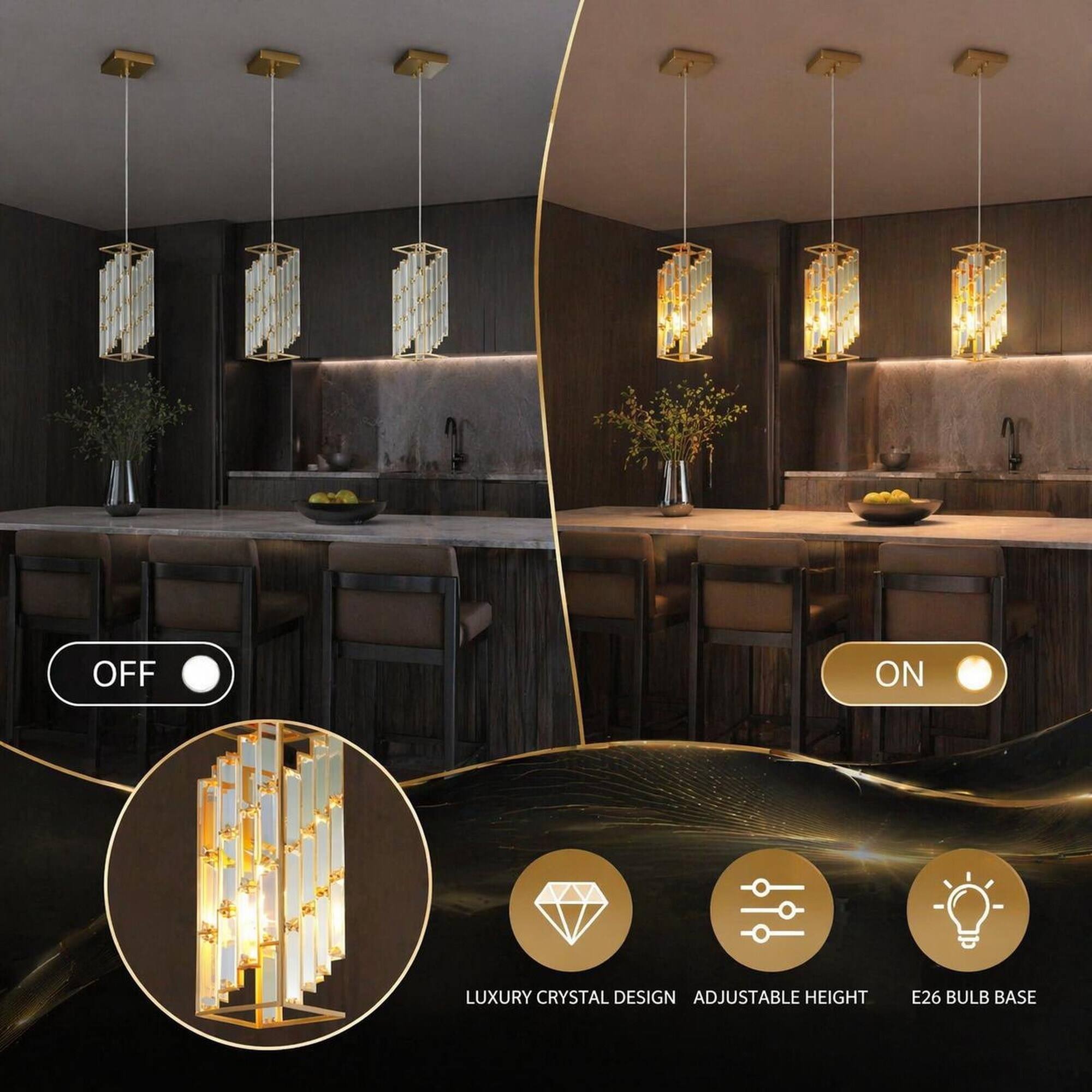 OFF  
ON  
LUXURY CRYSTAL DESIGN  
ADJUSTABLE HEIGHT  
E26 BULB BASE