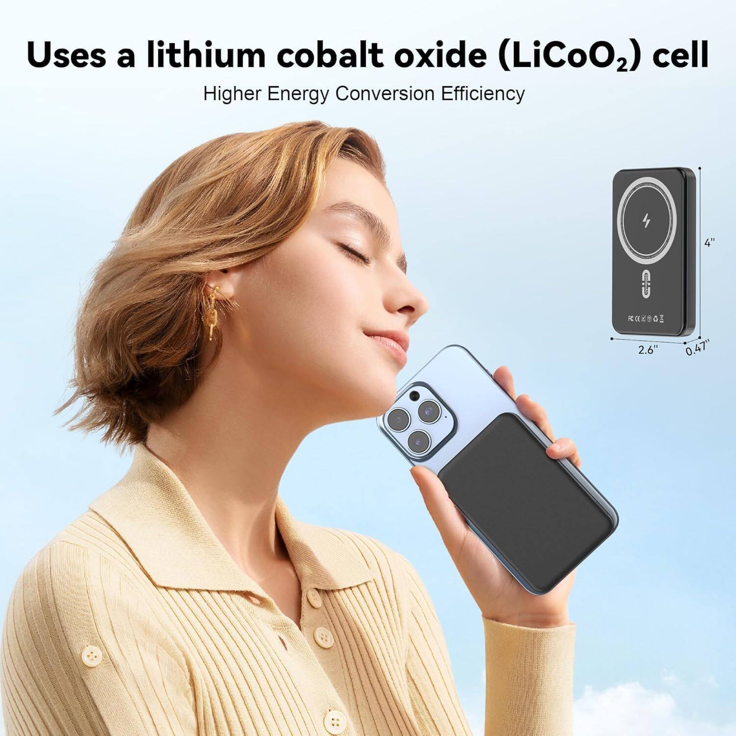 Uses a lithium cobalt oxide (LiCoO₂) cell  
Higher Energy Conversion Efficiency  

4" x 2.6" x 0.47"
