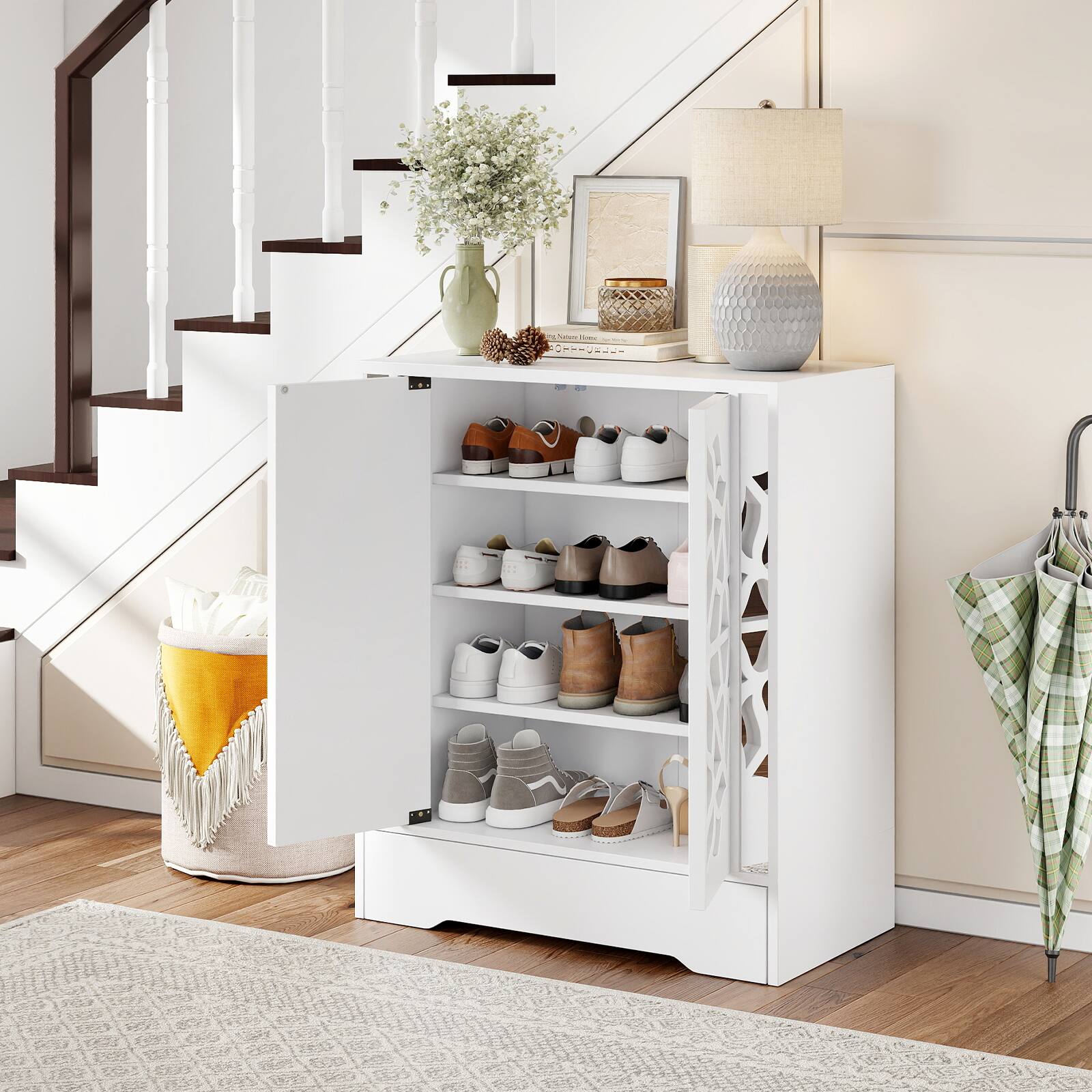 Alt View 3. Gymax - Gymax 6-Tier Mirrored Shoe Organizer w/Laser-Engraved Floral Patterns for Entryway - White.