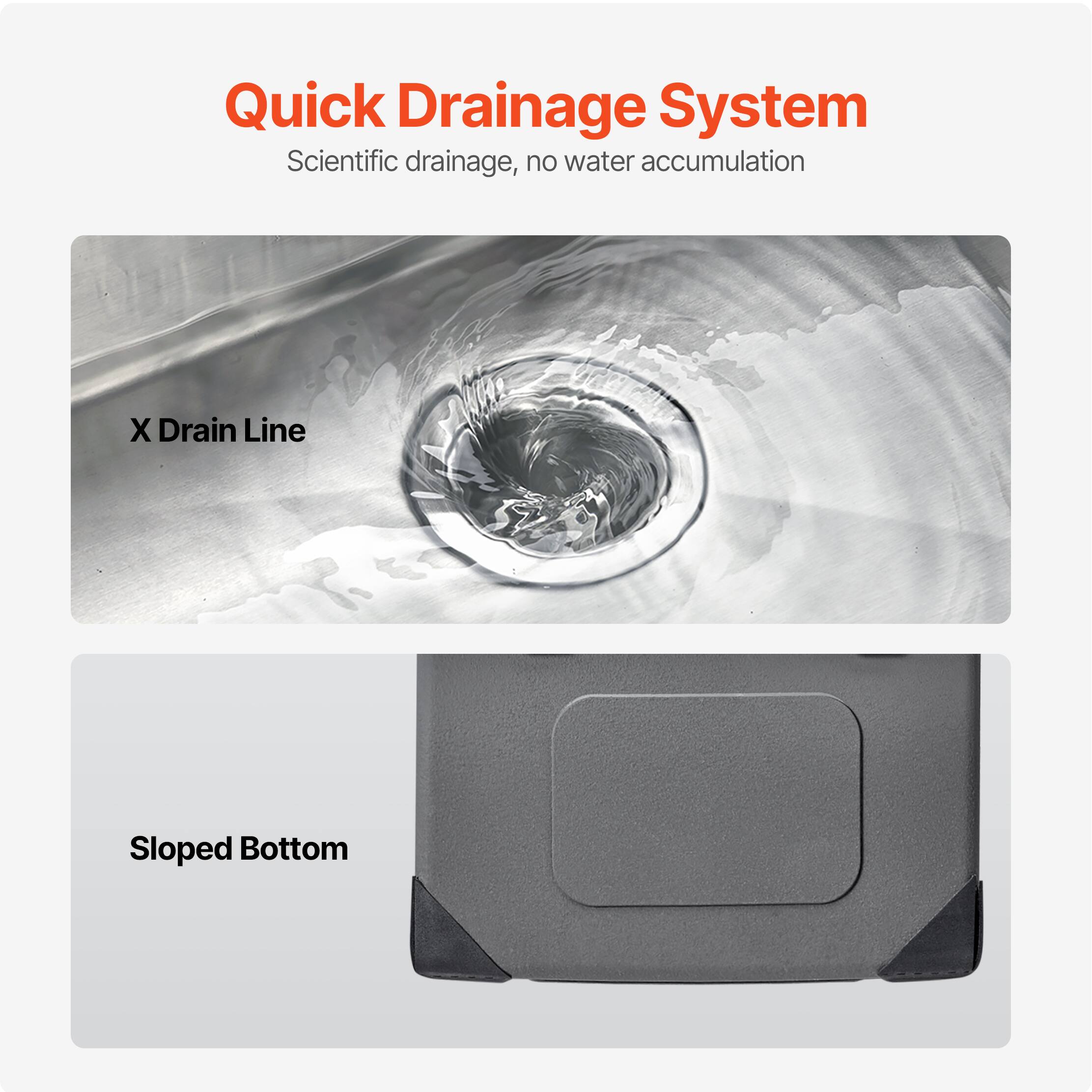 Quick Drainage System
Scientific drainage, no water accumulation
X Drain Line
Sloped Bottom