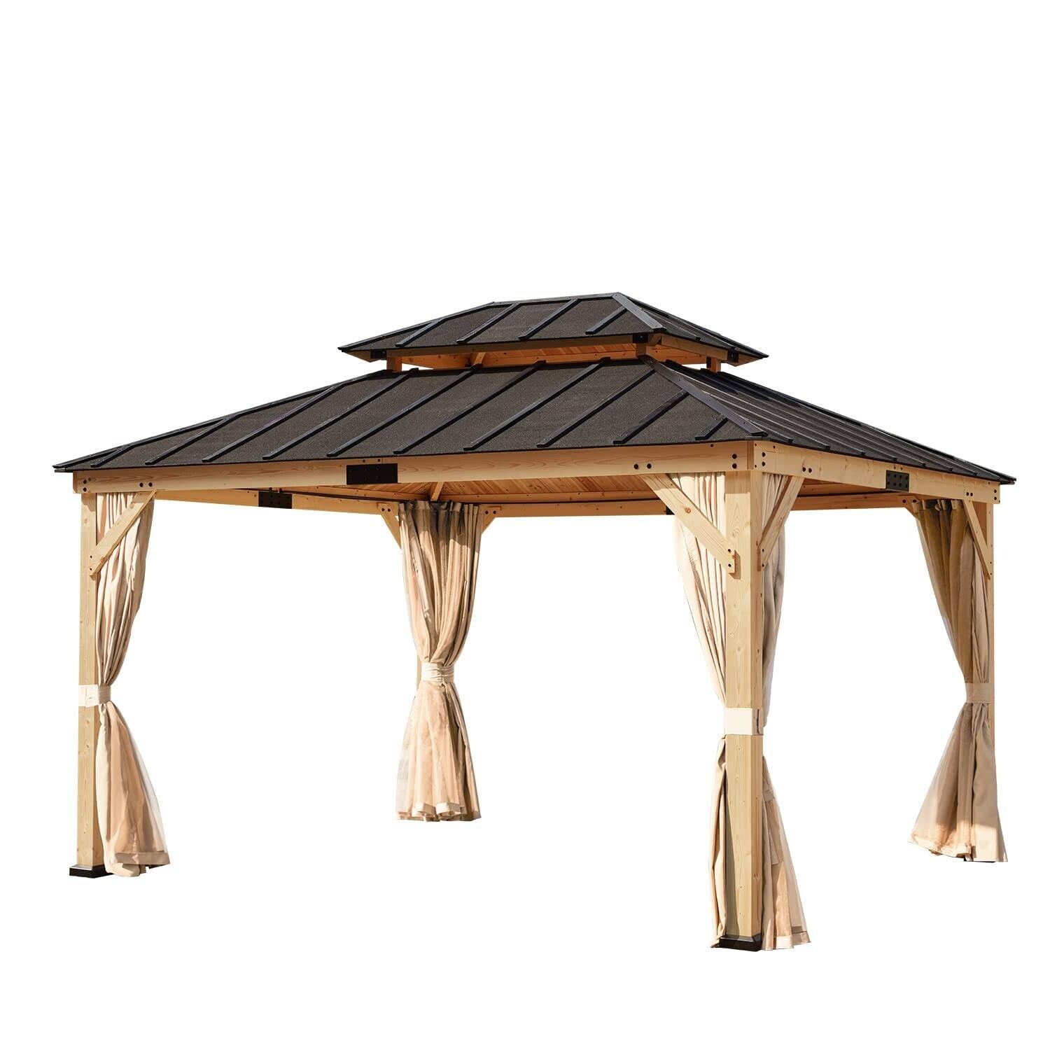 Alt View 3. U-HOMY - 11' x 13' Hardtop Asphalt Roof Gazebo, Spruce Wood Double Roof Pavilion with Waterproof Coated Frame for Patio - 11'x13'.