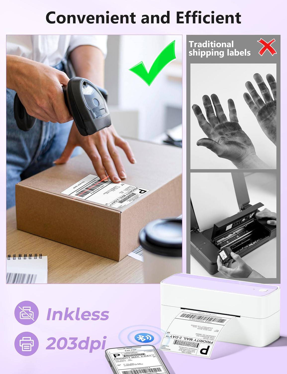 Convenient and Efficient  
Traditional shipping labels  
Inkless  
203dpi  
2-DAY MAIL PRIORITY