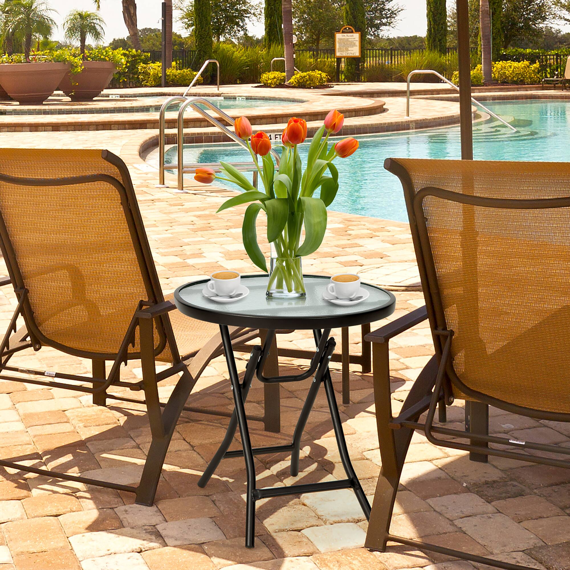 Alt View 2. Costway - Costway Patio Folding Round Glass Side Table Bistro Coffee Table Plant Stand - Black.