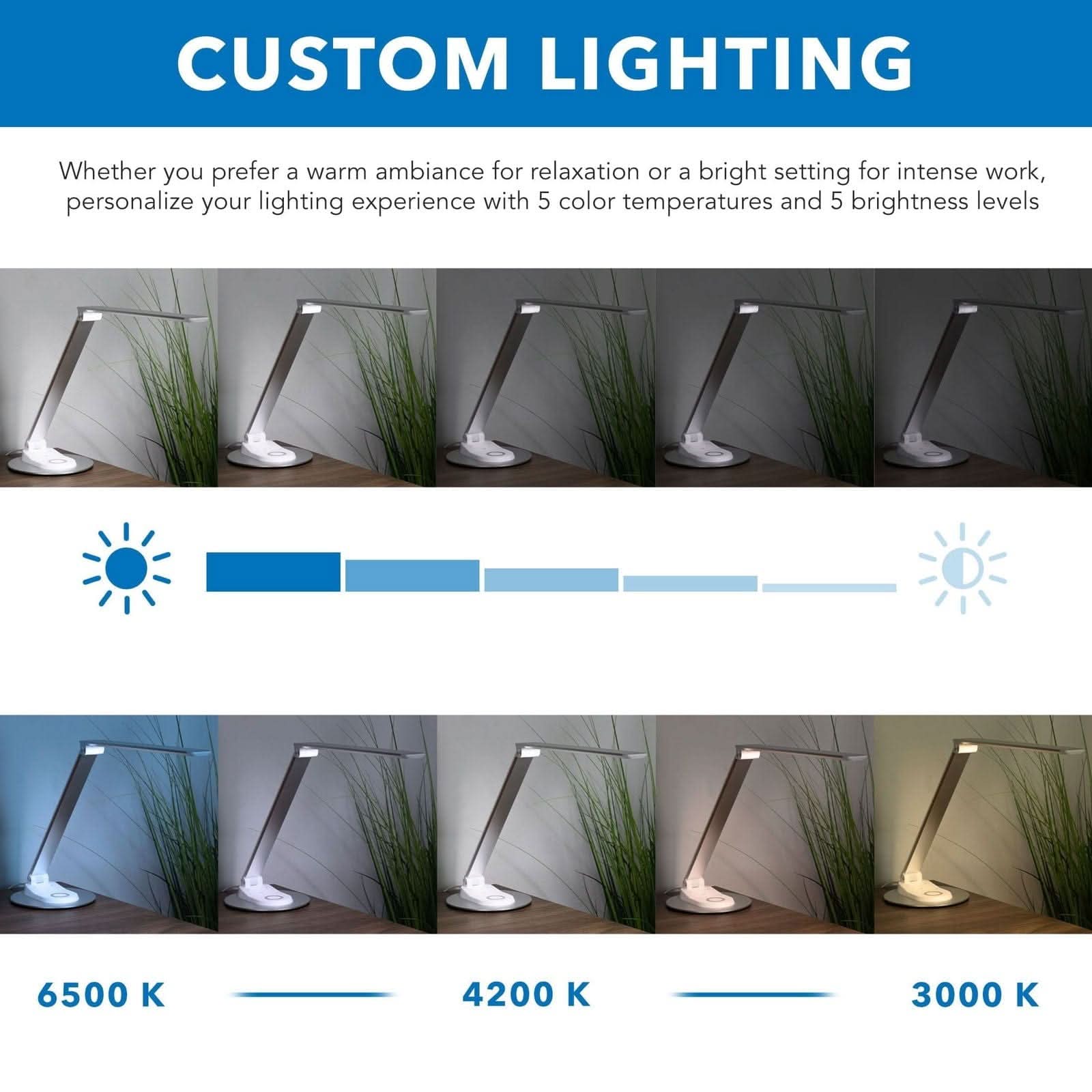 CUSTOM LIGHTING

Whether you prefer a warm ambiance for relaxation or a bright setting for intense work, personalize your lighting experience with 5 color temperatures and 5 brightness levels

6500 K  
4200 K  
3000 K