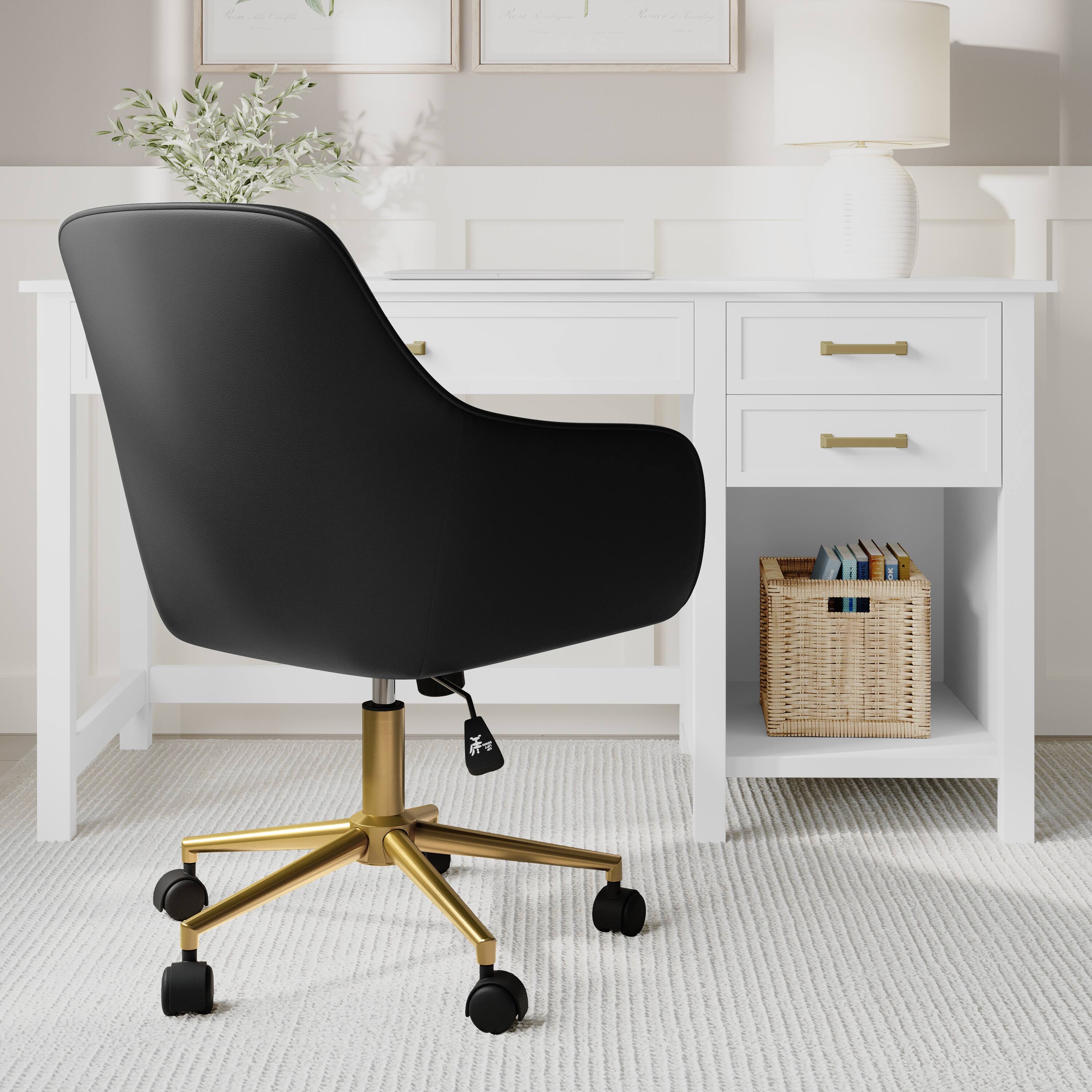 Alt View 5. Martha Stewart - Rayna Upholstered Swivel Home Office Chair with Flared Arms - Black Faux Leather/Polished Brass Frame.