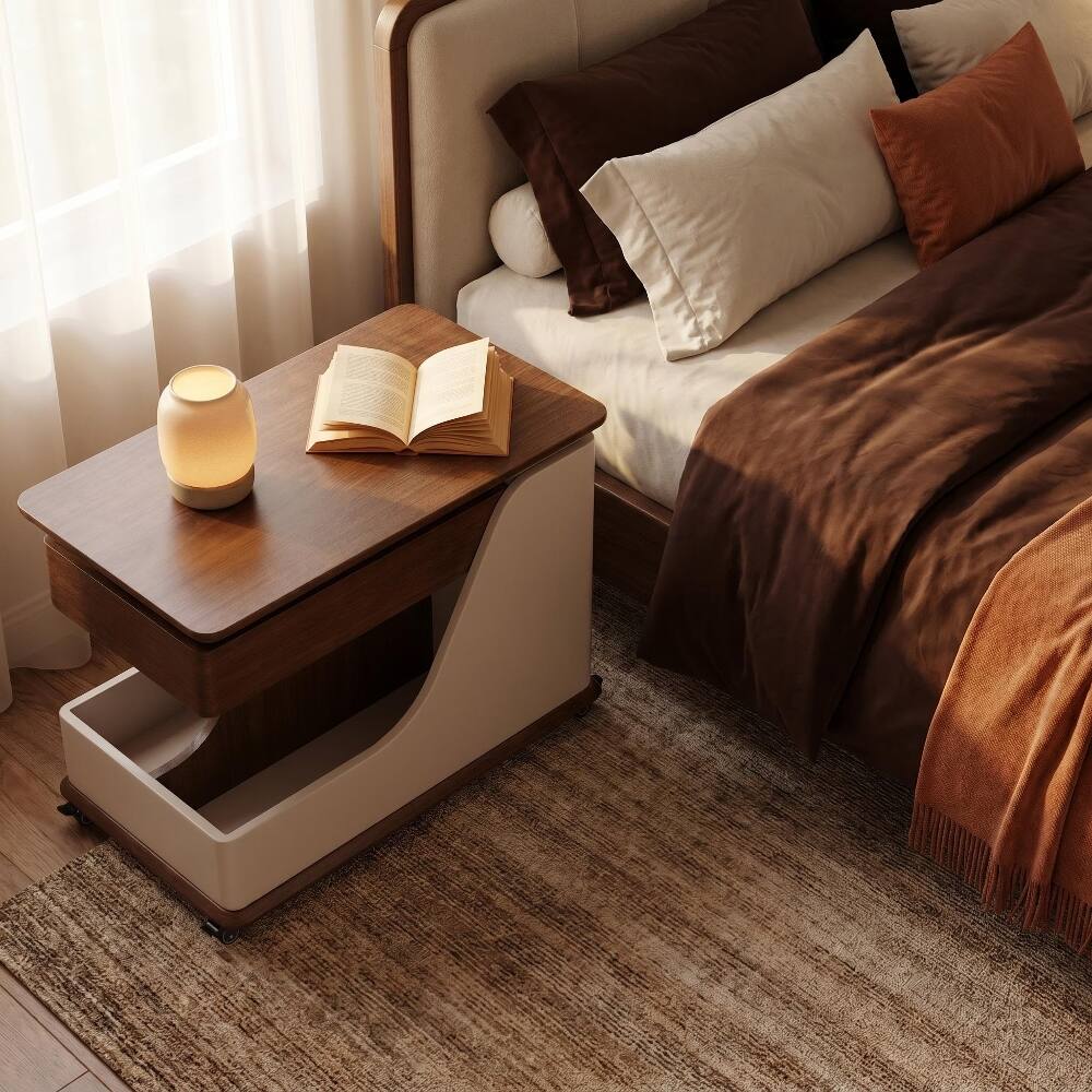 Alt View 2. Loheer - Loheer Adjustable Height Side Table Movable Coffee Table with Storage Cupboards Portable Rolling Table Off-White Walnut - Off-White and Walnut.