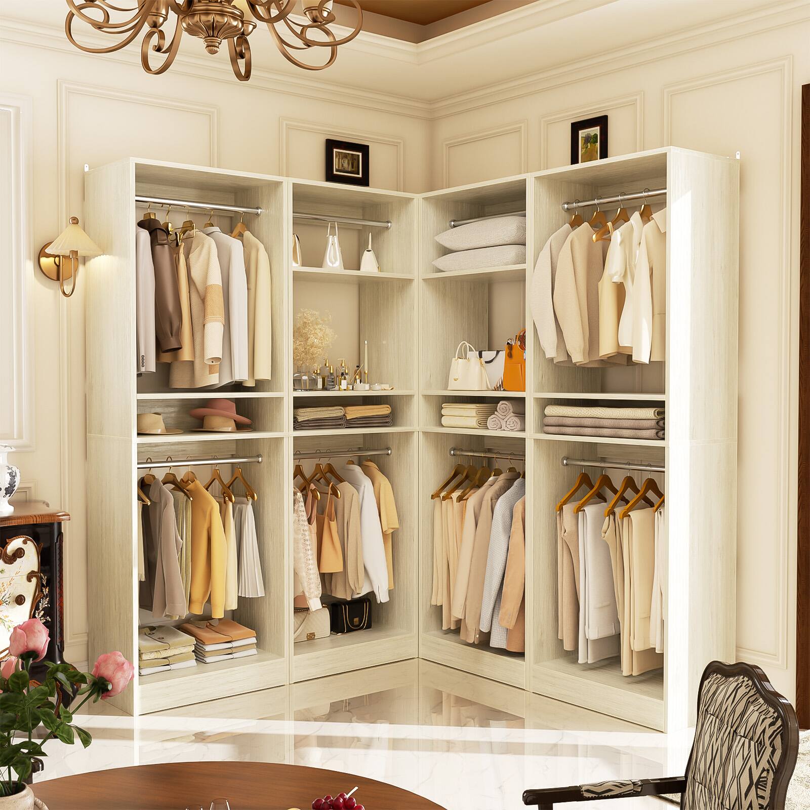 Alt View 1. Aheaplus - 100 Inch Large Closet System Set of 4, Freestanding Wardrobe System with 8 Hanging Rods and Shelves, Easy Assembly - Beige Oak.