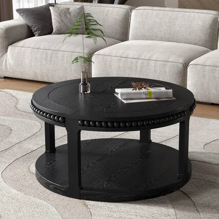 Front. Lirago - 32" Solid Wood Round Coffee Table 2Tier Rustic Wood Desktop with Open Shelving Storage Shelf Design for Living Room Home - Black.