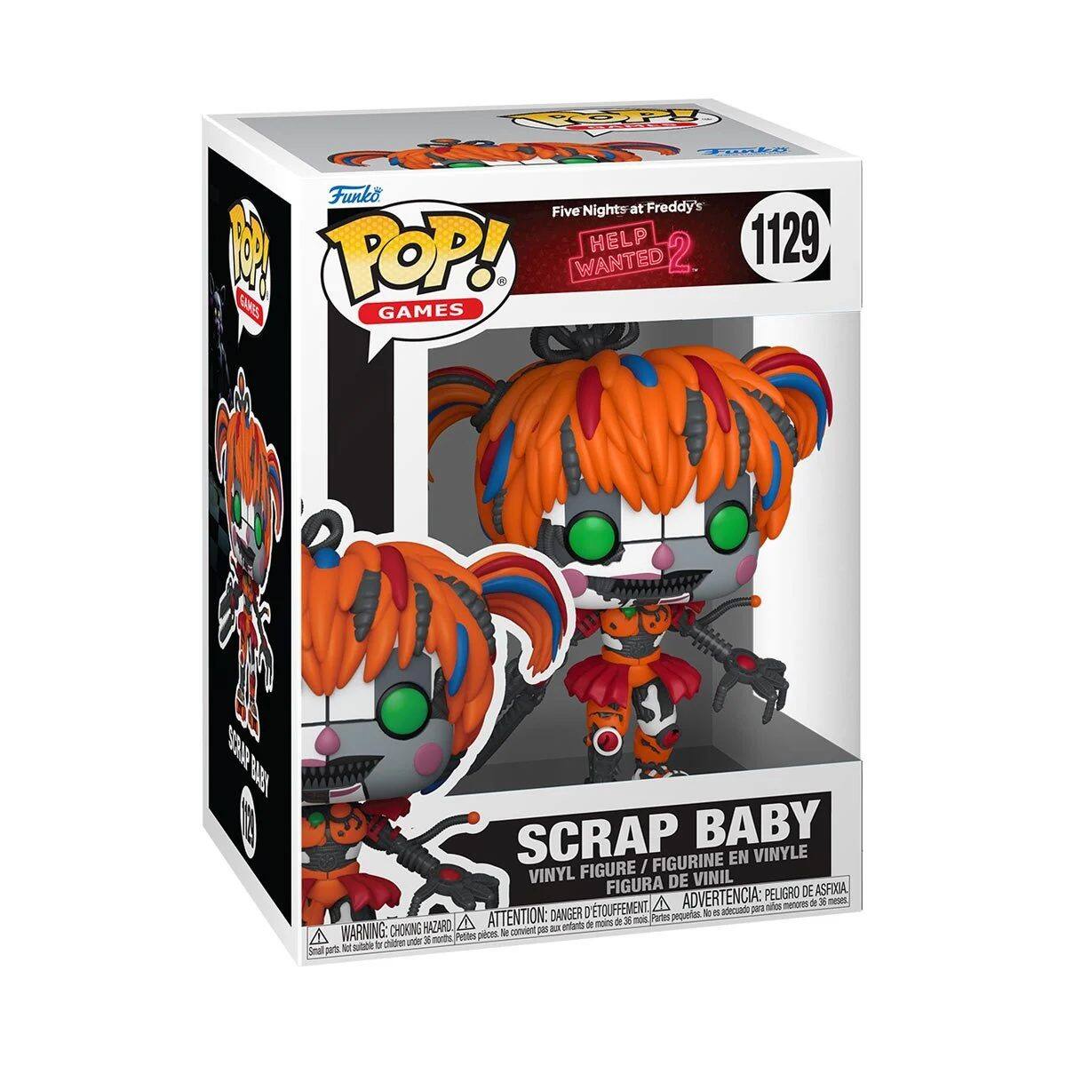 Sure, here is the corrected and grouped text from the image:

---

**Funko POP! GAMES**

**Five Nights at Freddy's HELP WANTED 2**

**SCRAP BABY**

**VINYL FIGURE / FIGURINE EN VINYLE / FIGURA DE VINIL**

**WARNING: CHOKING HAZARD - Small parts. Not for children under 3 years.**

**ADVERTENCIA: PEQUEÑOS PIEZAS. NO ES ADECUADO PARA NIÑOS MENORES DE 3 AÑOS.**

**ATTENTION: RISQUE DE SOUFFLEMENT - Petites pièces. Ne convient pas aux enfants de moins de 3 ans.**

**DANGER: PEU D'ÂGE - Pequeñas piezas. No es adecuado para niños menores de 3 años.**

**1129**

---

This text is organized to reflect the information on the packaging of the Funko POP! vinyl figure.