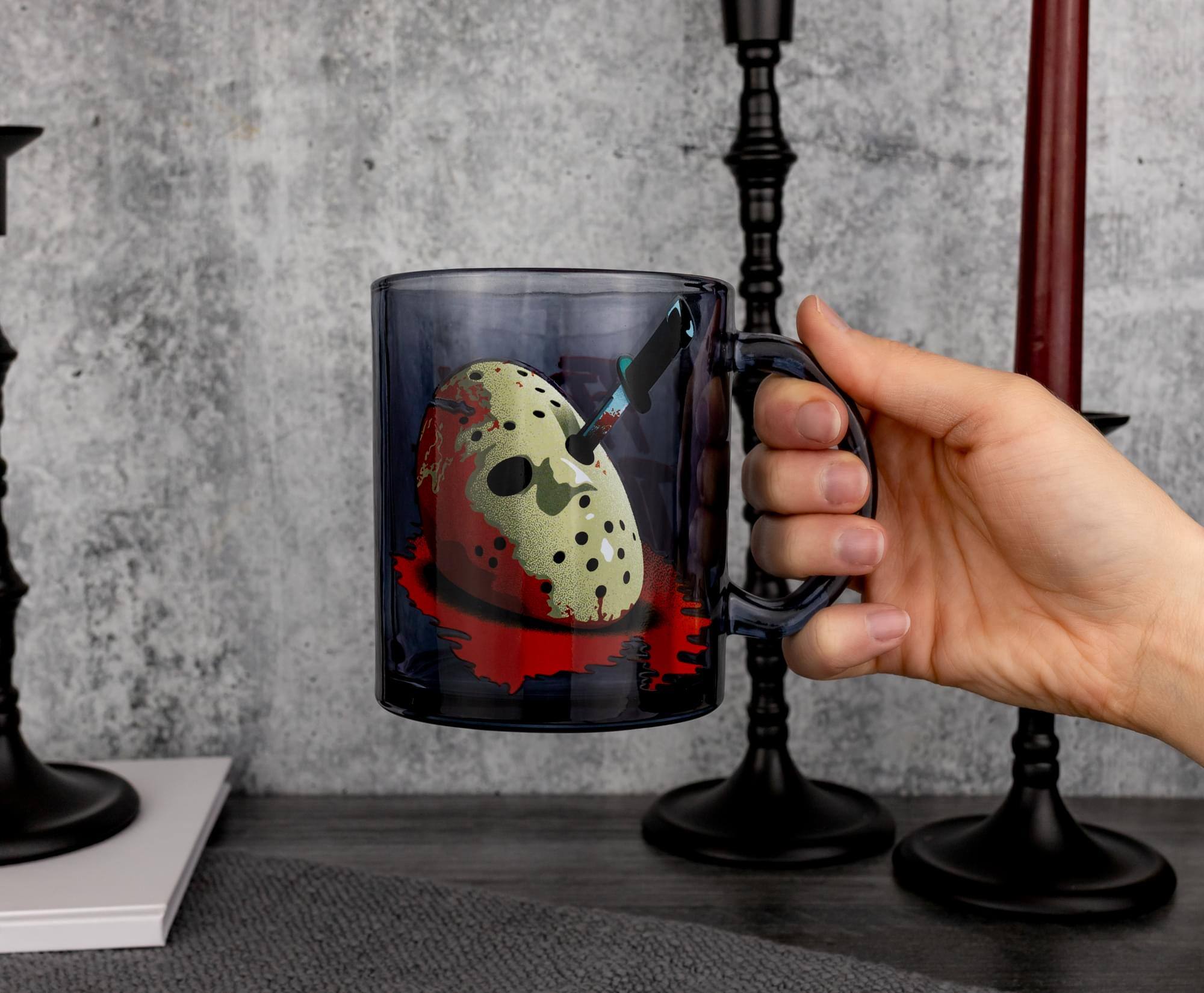 Alt View 5. Silver Buffalo - Friday the 13th Jason Voorhees Mask Glass Mug | Holds 18 Ounces - Clear.