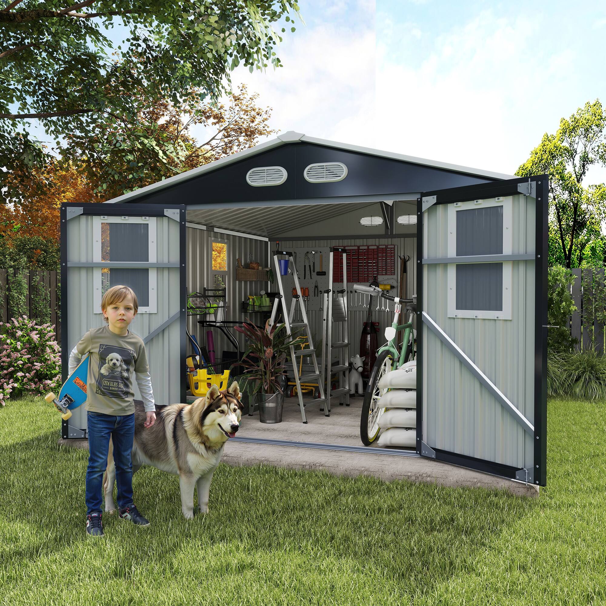 Alt View 5. Loheer - Loheer 8x8 Outdoor Storage Shed Dark Gray Metal Garden Tool Shed with Windows and Lockable Doors.