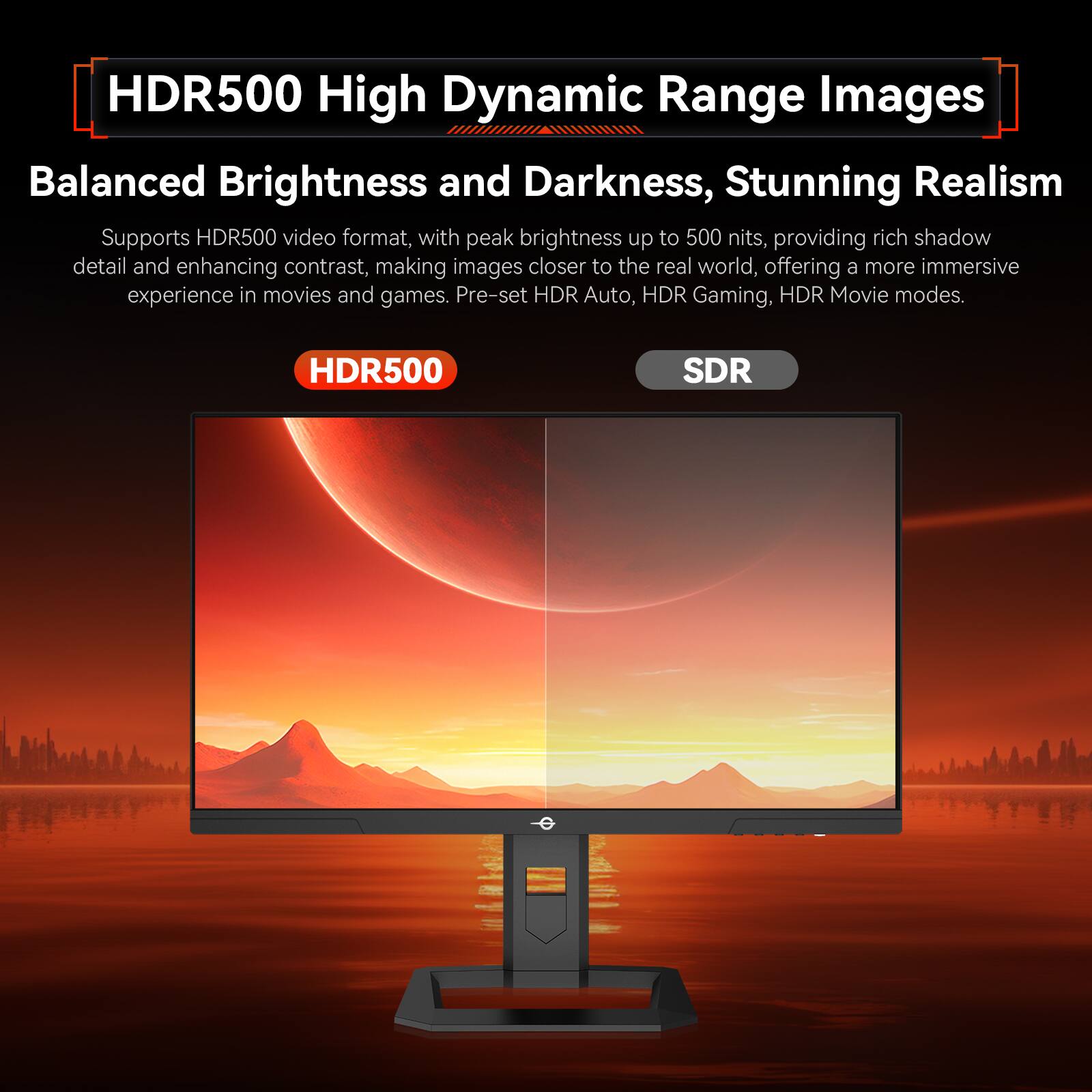 HDR500 High Dynamic Range Images Balanced Brightness and Darkness, Stunning Realism Supports HDR500 video format, with peak brightness up to 500 nits, providing rich shadow detail and enhancing contrast, making images closer to the real world, offering a more immersive experience in movies and games. Pre-set HDR Auto, HDR Gaming, HDR Movie modes. HDR500 SDR.
