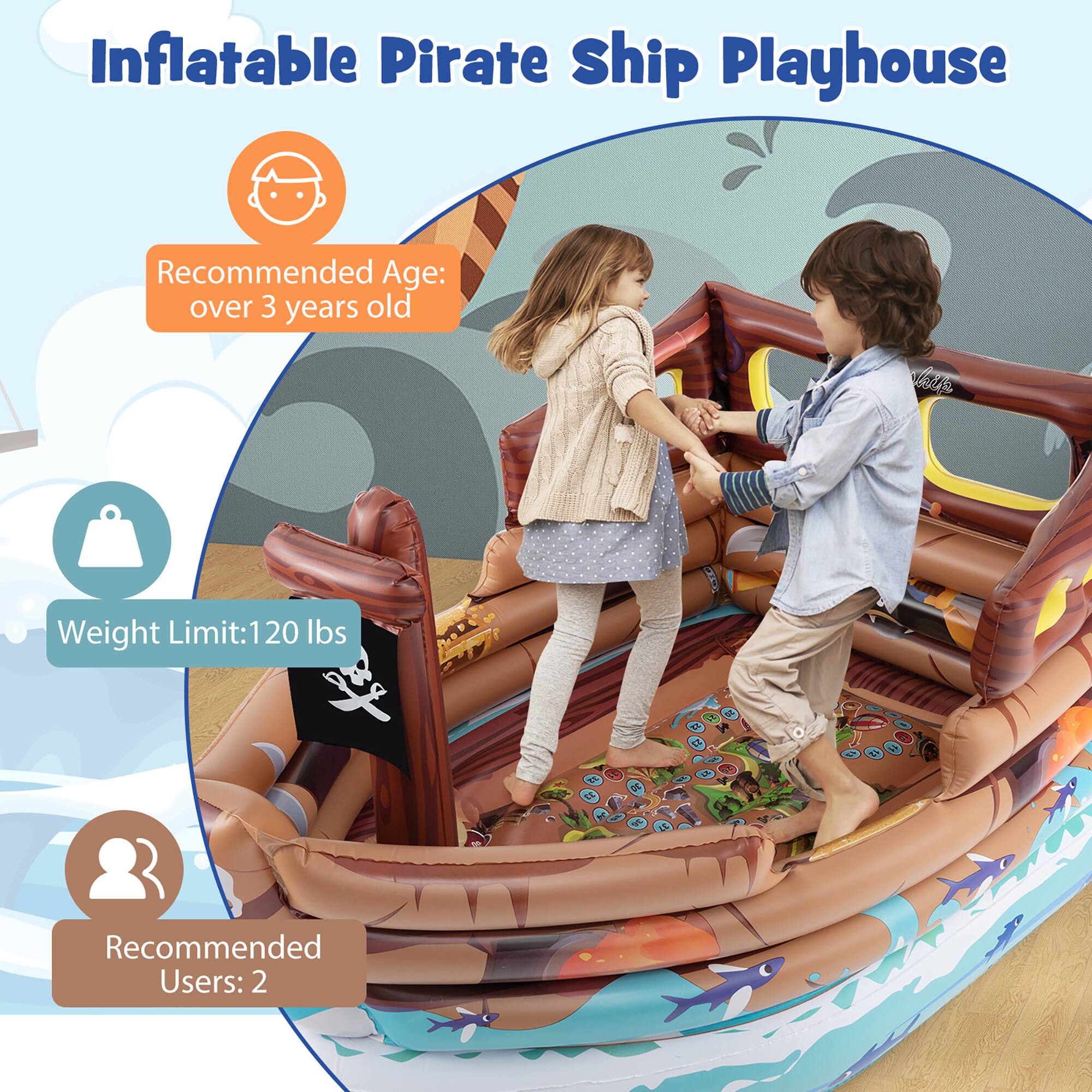 Inflatable Pirate Ship Playhouse

- Recommended Age: over 3 years old
- Weight Limit: 120 lbs
- Recommended Users: 2