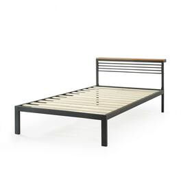 Mellow - HYLLE Metal & Wood Platform Bed Frame with Low Headboard Shelf, Twin - Pine