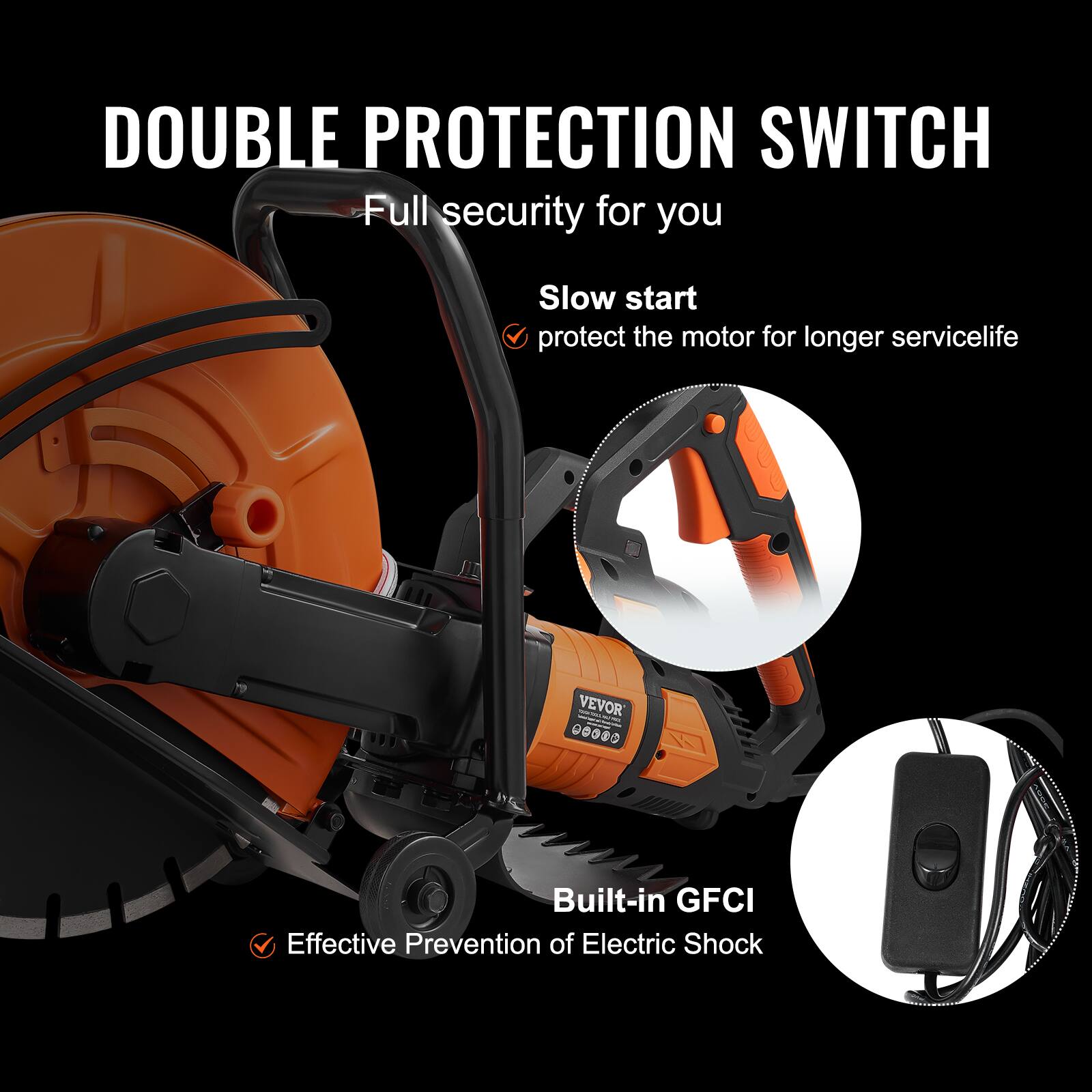 DOUBLE PROTECTION SWITCH  
Full security for you

Slow start  
protect the motor for longer servicelife

Built-in GFCI  
Effective Prevention of Electric Shock