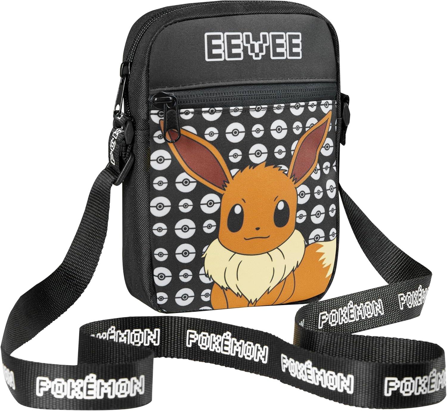 Vulpecula Spade - Shoulder Bag Cross Body Bag for Kids - Adjustable Strap Kids Pikachu Small Travel Bag - Gamer Gifts - Black Eevee