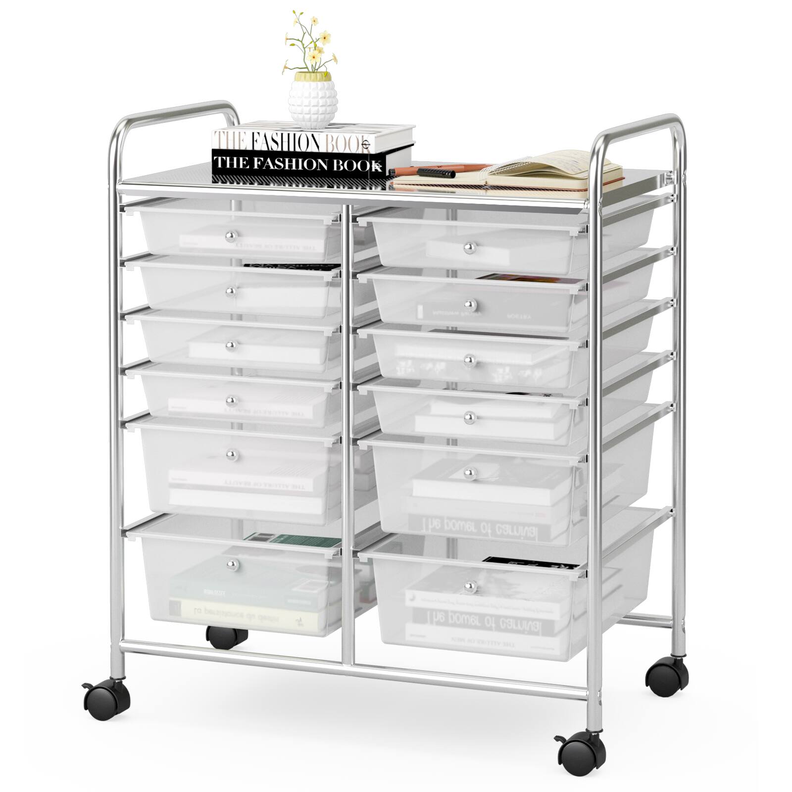 Costway - 12 Drawer Rolling Storage Cart Scrapbook Paper Office School Organizer - Clear