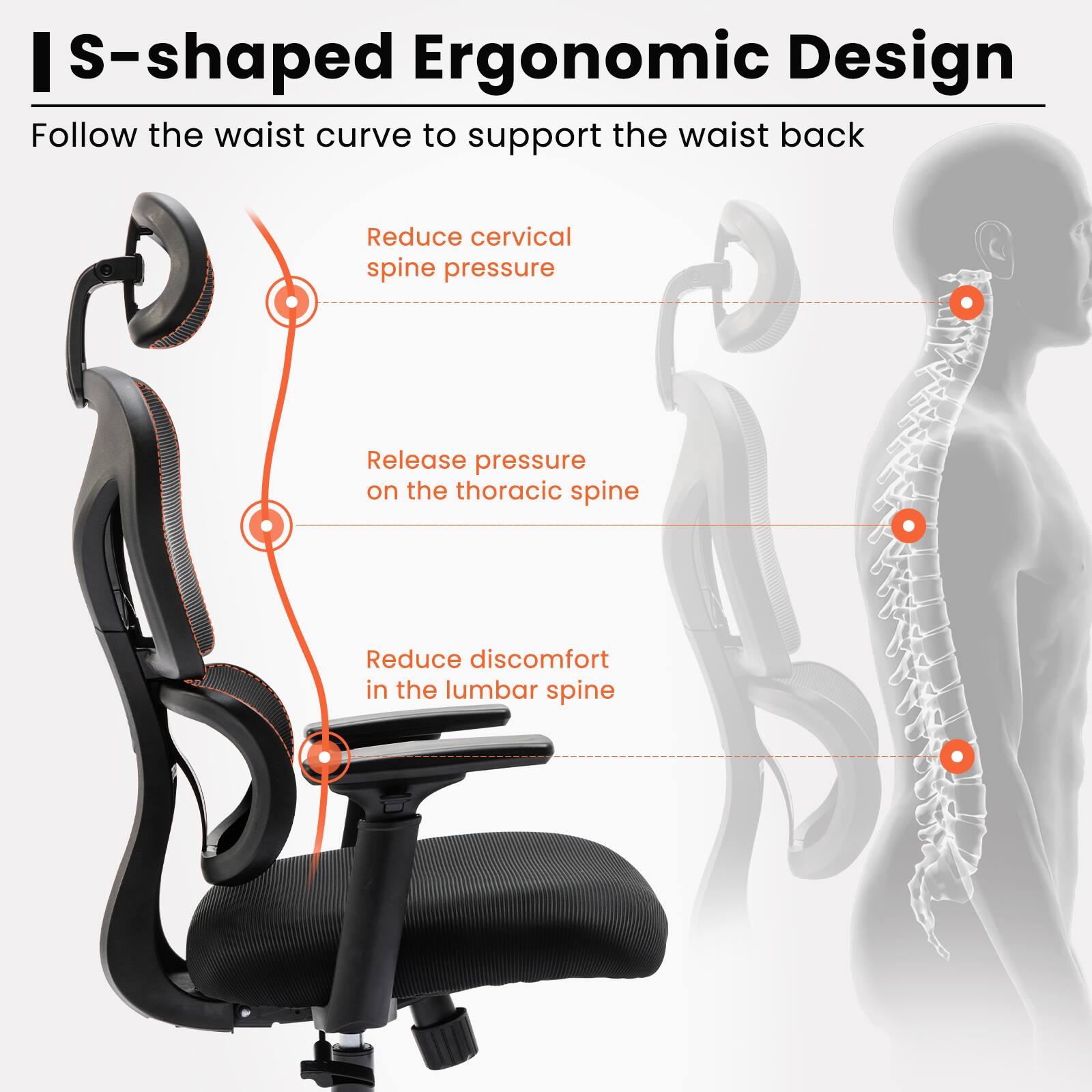 I S-shaped Ergonomic Design  
Follow the waist curve to support the waist back  

- Reduce cervical spine pressure  
- Release pressure on the thoracic spine  
- Reduce discomfort in the lumbar spine