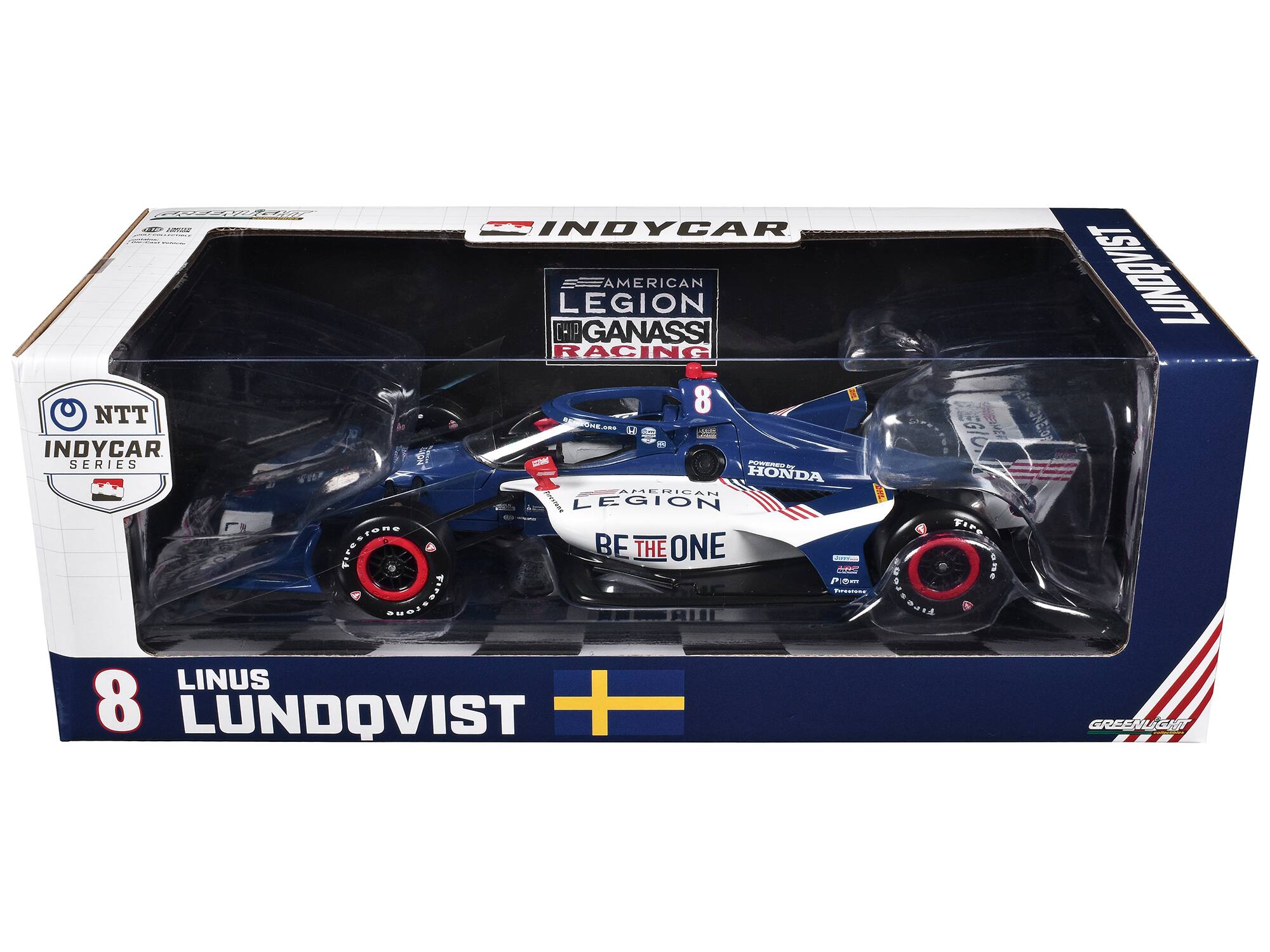 Sure, here is the corrected and grouped text from the image:

---

**NTT INDYCAR SERIES**

**AMERICAN LEGION CHIP GANASSI RACING**

**8**

**LINUS LUNDQVIST**

**BE THE ONE**

**HONDA**

**Pirelli**

**Firestone**

**GREENLIGHT**

**American Legion**

**8**

**LINUS LUNDQVIST**

**+**

---

This text is organized based on the visible elements and logos on the packaging and the car model.