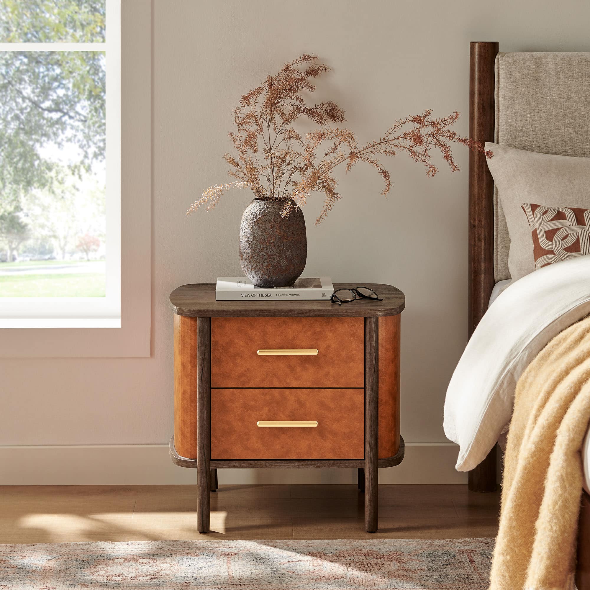 Coralie 2-Drawer Curved Vegan Leather Nightstand by Modway - Walnut Tan